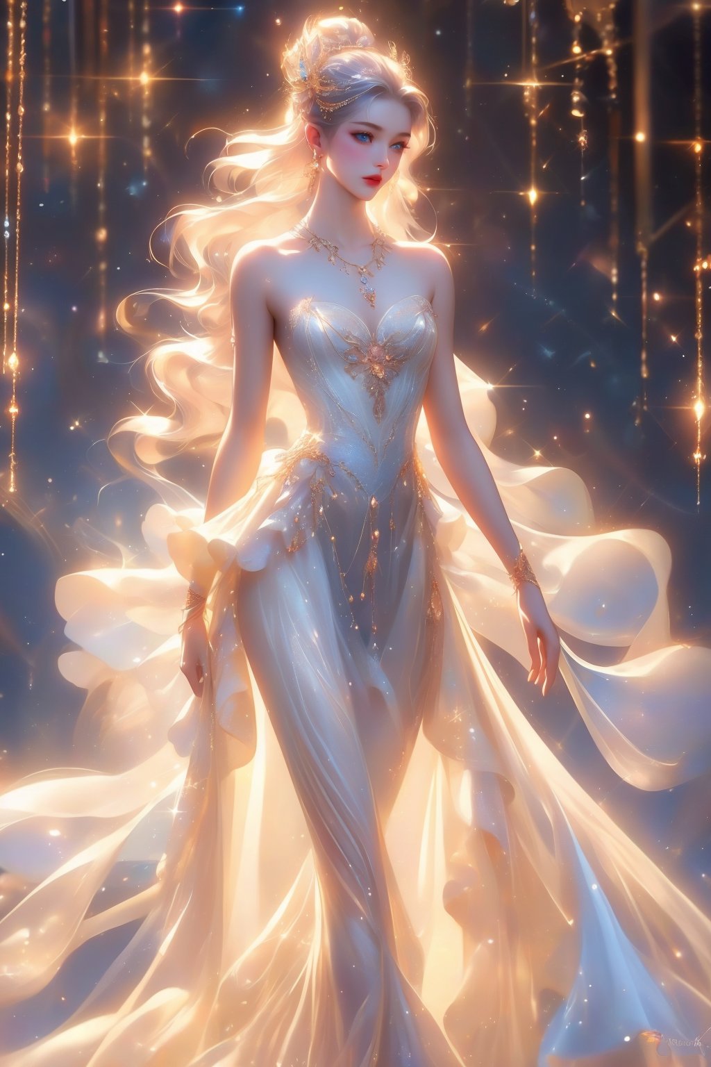 busty and sexy girl, 8k, masterpiece, ultra-realistic, best quality, high resolution, high definition, hair ornament, dress, bare shoulders, standing, white dress, sparkle, strapless, strapless dress, ballerina, ballet slippers, tutu, floral background, long hair, breasts, blue eyes, hair ornament, dress, bare shoulders, jewelry, standing, collarbone, white hair, (glowing hair), earrings, necklace, bracelet, lips, strapless,  (glowing), wavy hair, butterfly