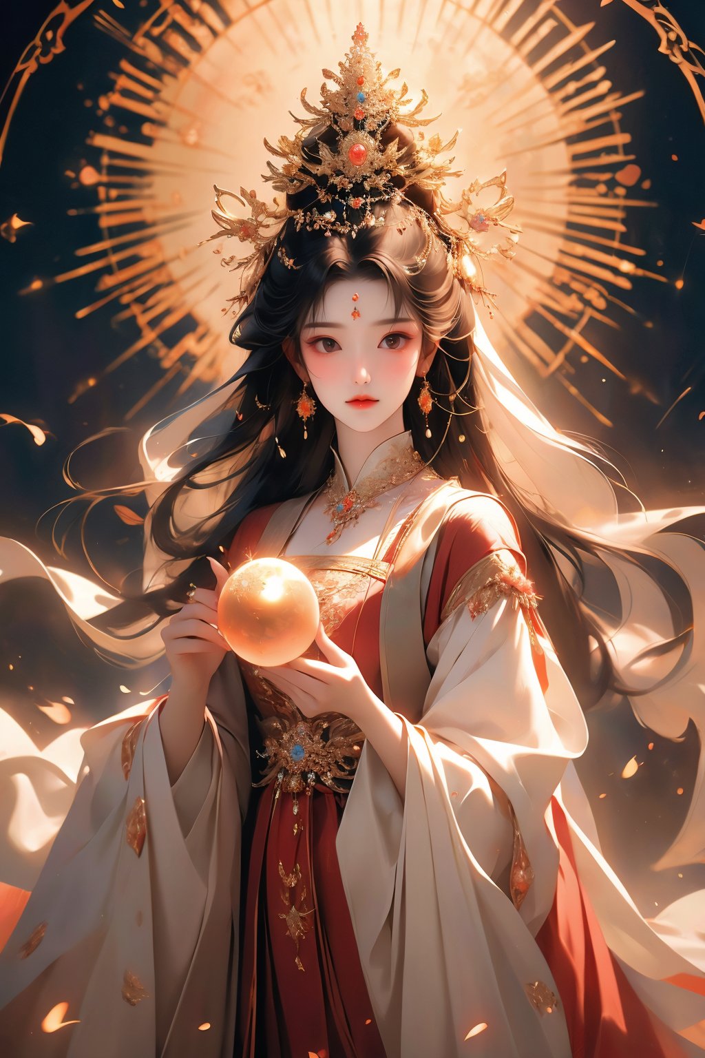 busty and sexy girl, 8k, masterpiece, ultra-realistic, best quality, high resolution, high definition,hanfu, The image presented is an artistic representation, likely a piece of digital art or a painting, depicting a female figure with an ethereal quality. She has long, flowing white hair and is adorned with a crown that resembles a sunburst pattern, suggesting a celestial theme. The figure's attire is rich and ornate, featuring golden embellishments on a dark blue background, which could indicate a regal or divine status. Her expression is serene and contemplative, and she holds a small, glowing orb in her hand, which adds to the mystical ambiance of the scene. The background is a starry night sky, further enhancing the heavenly motif. The overall impression is one of otherworldly beauty and grace.