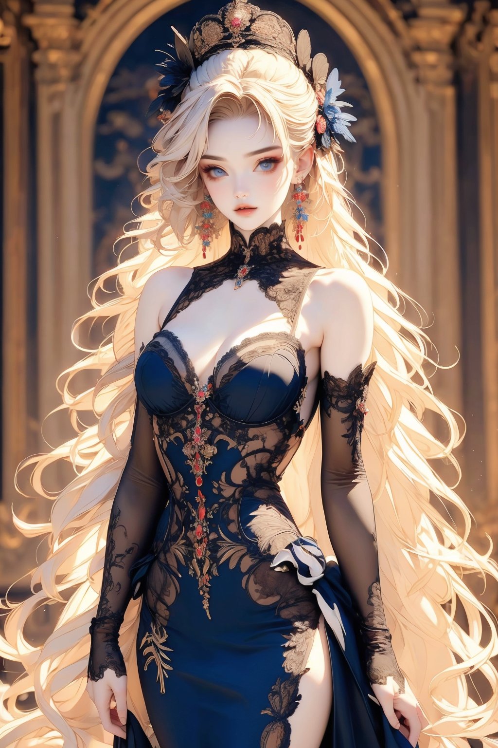 busty and sexy girl, 8k, masterpiece, ultra-realistic, best quality, high resolution, high definition,1girl, solo, long hair, breasts, looking at viewer, blue eyes, blonde hair, dress, cleavage, bare shoulders, jewelry, medium breasts, very long hair, cowboy shot, earrings, detached sleeves, blurry, black dress, lips, grey eyes, blurry background