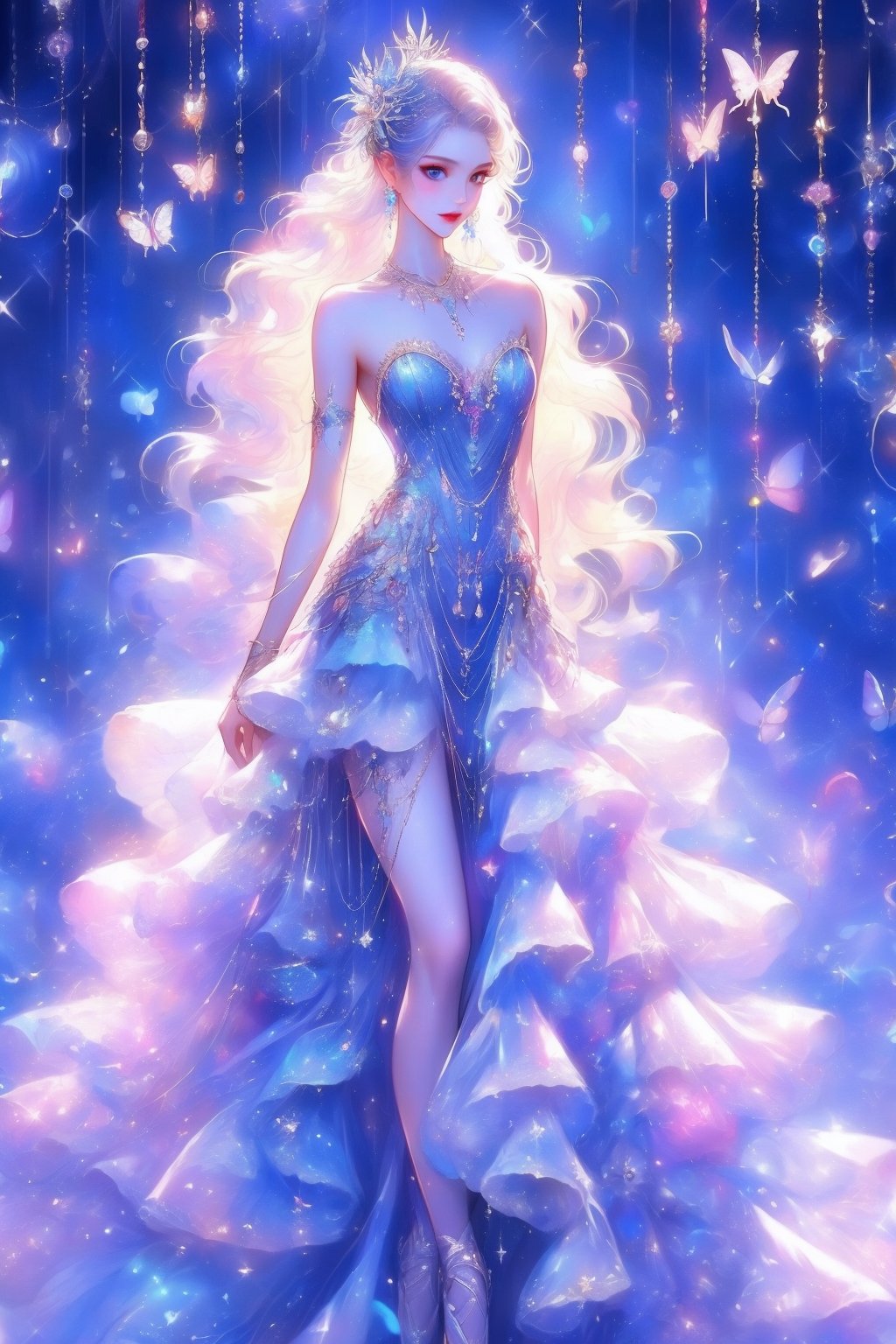 busty and sexy girl, 8k, masterpiece, ultra-realistic, best quality, high resolution, high definition, hair ornament, dress, bare shoulders, standing, white dress, sparkle, strapless, strapless dress, ballerina, ballet slippers, tutu, floral background, long hair, breasts, blue eyes, hair ornament, dress, bare shoulders, jewelry, standing, collarbone, white hair, (glowing hair), earrings, necklace, bracelet, lips, strapless,  (glowing), wavy hair, butterfly