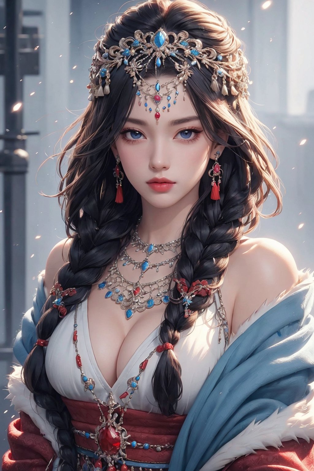 busty and sexy girl, 8k, masterpiece, ultra-realistic, best quality, high resolution, high definition, 1girl, solo, long hair, looking at viewer, bangs, black hair, hair ornament, jewelry, closed mouth, upper body, braid, earrings, necklace, twin braids, lips, expressionless, gem, tassel, hair over shoulder, headdress, multiple braids