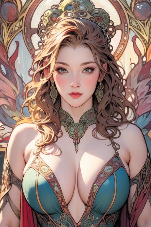 ((mucha style)), busty and sexy girl, 8k, masterpiece, ultra-realistic, best quality, high resolution, high definition,1 girl ,MUGODDESS,viking,NJI BEAUTY