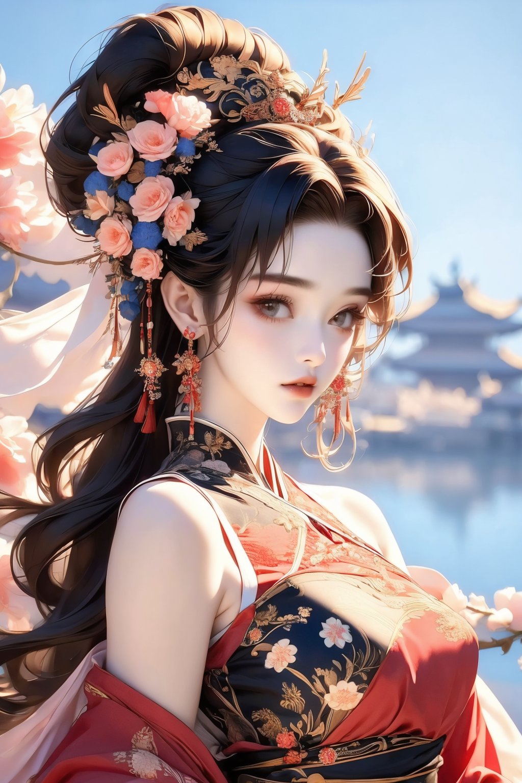 busty and sexy girl, 8k, masterpiece, ultra-realistic, best quality, high resolution, high definition,1girl, solo, long hair, looking at viewer, brown hair, black hair, hair ornament, dress, bare shoulders, jewelry, upper body, ponytail, flower, earrings, hair flower, blurry, lips, sash, blurry background, chinese clothes, floral print, pink dress