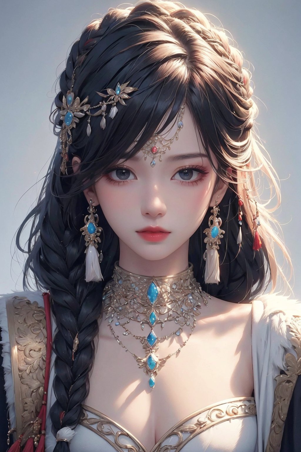 busty and sexy girl, 8k, masterpiece, ultra-realistic, best quality, high resolution, high definition, 1girl, solo, long hair, looking at viewer, bangs, black hair, hair ornament, jewelry, closed mouth, upper body, braid, earrings, necklace, twin braids, lips, expressionless, gem, tassel, hair over shoulder, headdress, multiple braids