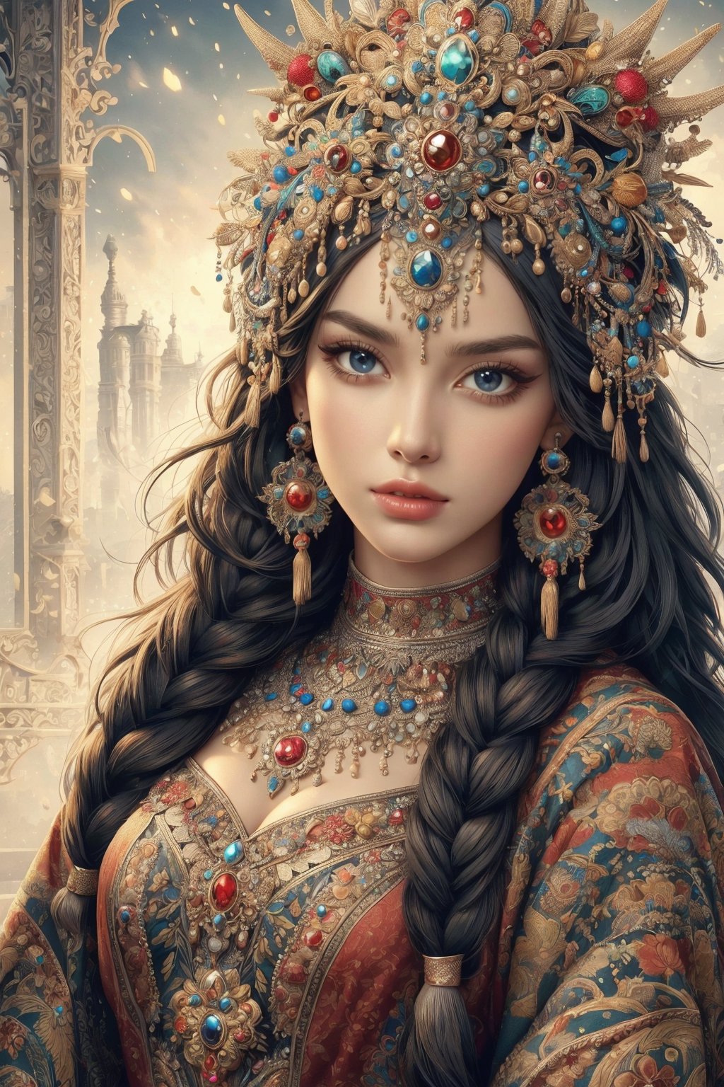 busty and sexy girl, 8k, masterpiece, ultra-realistic, best quality, high resolution, high definition, 1girl, solo, long hair, looking at viewer, bangs, black hair, hair ornament, jewelry, closed mouth, upper body, braid, earrings, necklace, twin braids, lips, expressionless, gem, tassel, hair over shoulder, headdress, multiple braids