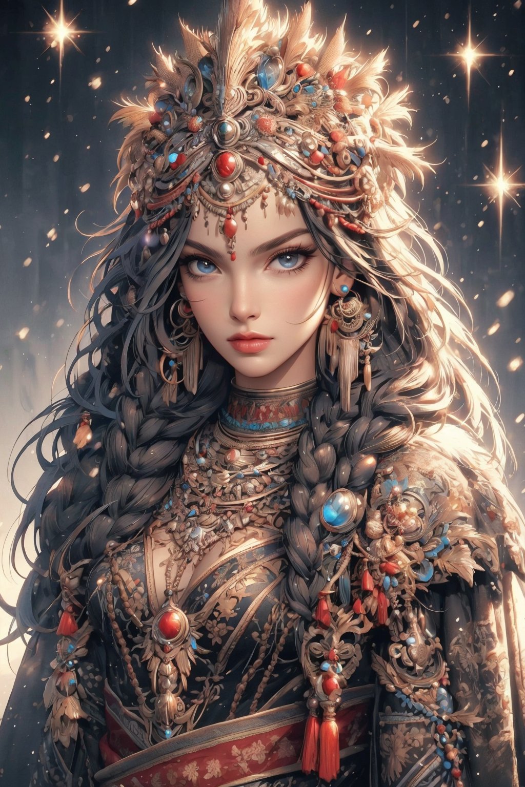 busty and sexy girl, 8k, masterpiece, ultra-realistic, best quality, high resolution, high definition, 1girl, solo, long hair, looking at viewer, bangs, black hair, hair ornament, jewelry, closed mouth, upper body, braid, earrings, necklace, twin braids, lips, expressionless, gem, tassel, hair over shoulder, headdress, multiple braids