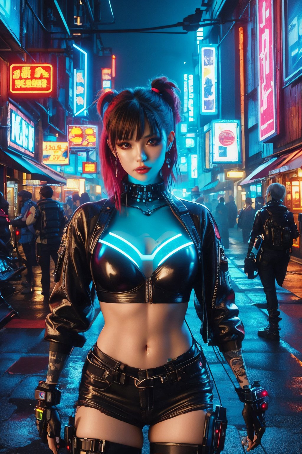 busty and sexy girl, 8k, masterpiece, ultra-realistic, best quality, high resolution, high definition, hologram, cyberpunk, science fiction, neon light, night city, glowing body, punk dressing, dynamics pose