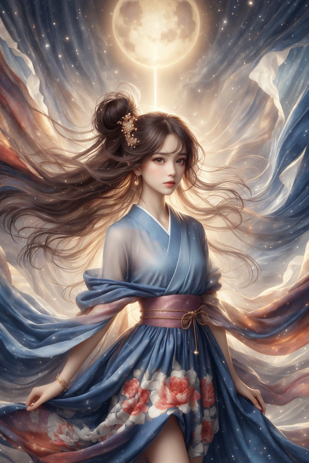 The background is midnight sky,big moon,dark night,floral leaf blowing,16 yo, 1 girl, flying in the air,halo,shining bracelet,beautiful hanfu(transparent), cloth blowing in wind, solo, {beautiful and detailed eyes}, calm expression, natural and soft light, delicate facial features, cute japanese idol, very small earrings, ((model pose)), Glamor body type, (dark hair:1.2),  beehive,big bun,very_long_hair, hair past hip, curly hair, flim grain, realhands, masterpiece, Best Quality, photorealistic, ultra-detailed, finely detailed, high resolution, perfect dynamic composition, beautiful detailed eyes, eye smile, ((nervous and embarrassed)), sharp-focus, full_body, sexy pose,cowboy_shot,ruanyi0060, starry dress