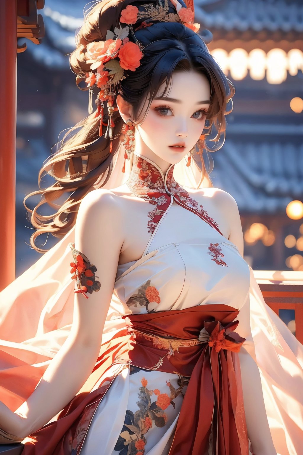 busty and sexy girl, 8k, masterpiece, ultra-realistic, best quality, high resolution, high definition,1girl, solo, long hair, looking at viewer, brown hair, black hair, hair ornament, dress, bare shoulders, jewelry, upper body, ponytail, flower, earrings, hair flower, blurry, lips, sash, blurry background, chinese clothes, floral print, pink dress