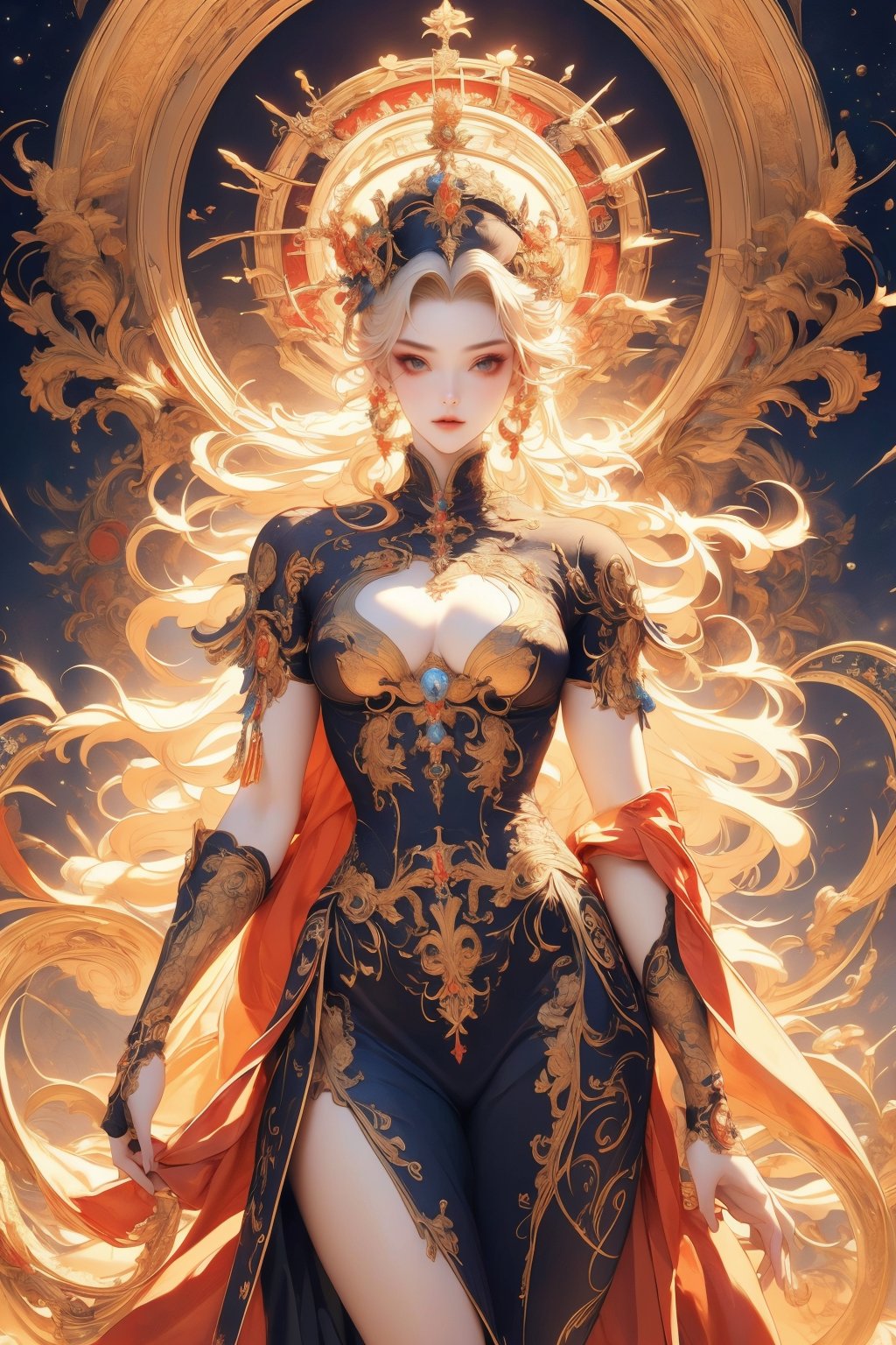 busty and sexy girl, 8k, masterpiece, ultra-realistic, best quality, high resolution, high definition, Create an image of a female character from a mobile cultivation game. The character should have an intricate and majestic design, with elements that suggest power and mysticism. Include details such as a glowing artifact in her hands, elaborate golden ornaments radiating around her like a halo, and an elegant dark robe adorned with golden embellishments that signify her high status in the game's world. The character's pose should convey confidence and grace, indicative of her experience and prowess within the game's universe.