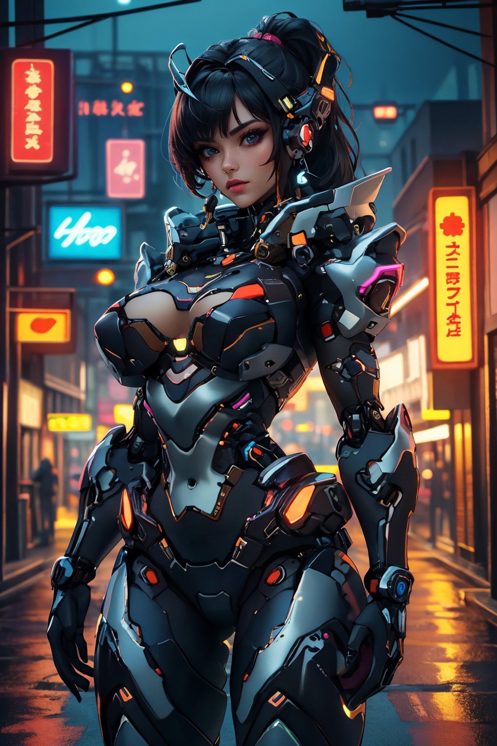 busty and sexy girl, 8k, masterpiece, ultra-realistic, best quality, high resolution, high definition, hologram, cyberpunk, MULTI-COLOER HAIR, science fiction, neon light, night city, GLOWING MECHA PARTS