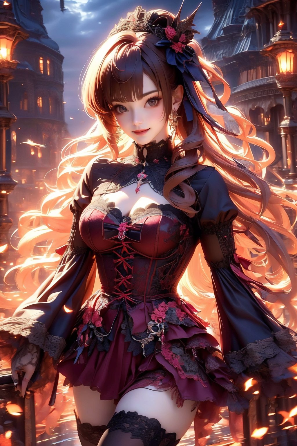 busty and sexy girl, 8k, masterpiece, ultra-realistic, best quality, high resolution, high definition,1girl, solo, long hair, looking at viewer, smile, bangs, brown hair, thighhighs, long sleeves, brown eyes, jewelry, hair bow, sleeves past wrists, torn clothes,  gothic, fashion