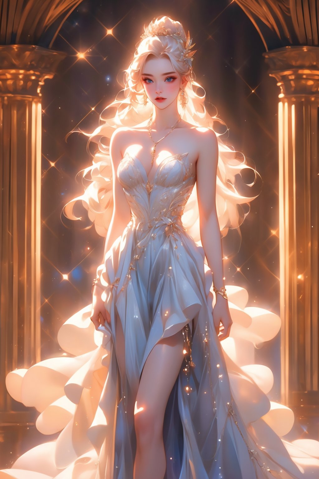 busty and sexy girl, 8k, masterpiece, ultra-realistic, best quality, high resolution, high definition, hair ornament, dress, bare shoulders, standing, white dress, sparkle, strapless, strapless dress, ballerina, ballet slippers, tutu, floral background, long hair, breasts, blue eyes, hair ornament, dress, bare shoulders, jewelry, standing, collarbone, white hair, (glowing hair), earrings, necklace, bracelet, lips, strapless,  (glowing), wavy hair, butterfly