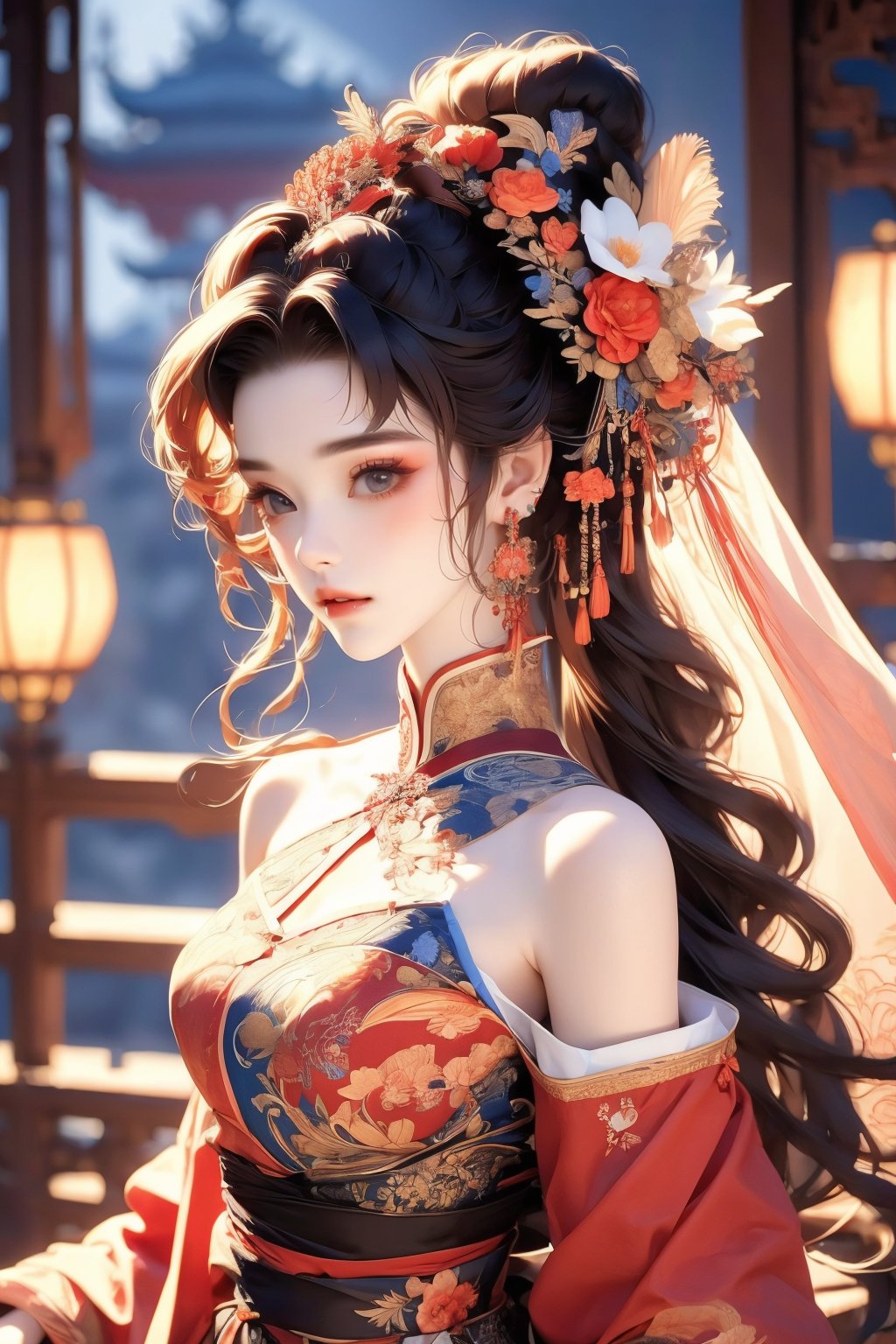 busty and sexy girl, 8k, masterpiece, ultra-realistic, best quality, high resolution, high definition,1girl, solo, long hair, looking at viewer, brown hair, black hair, hair ornament, dress, bare shoulders, jewelry, upper body, ponytail, flower, earrings, hair flower, blurry, lips, sash, blurry background, chinese clothes, floral print, pink dress