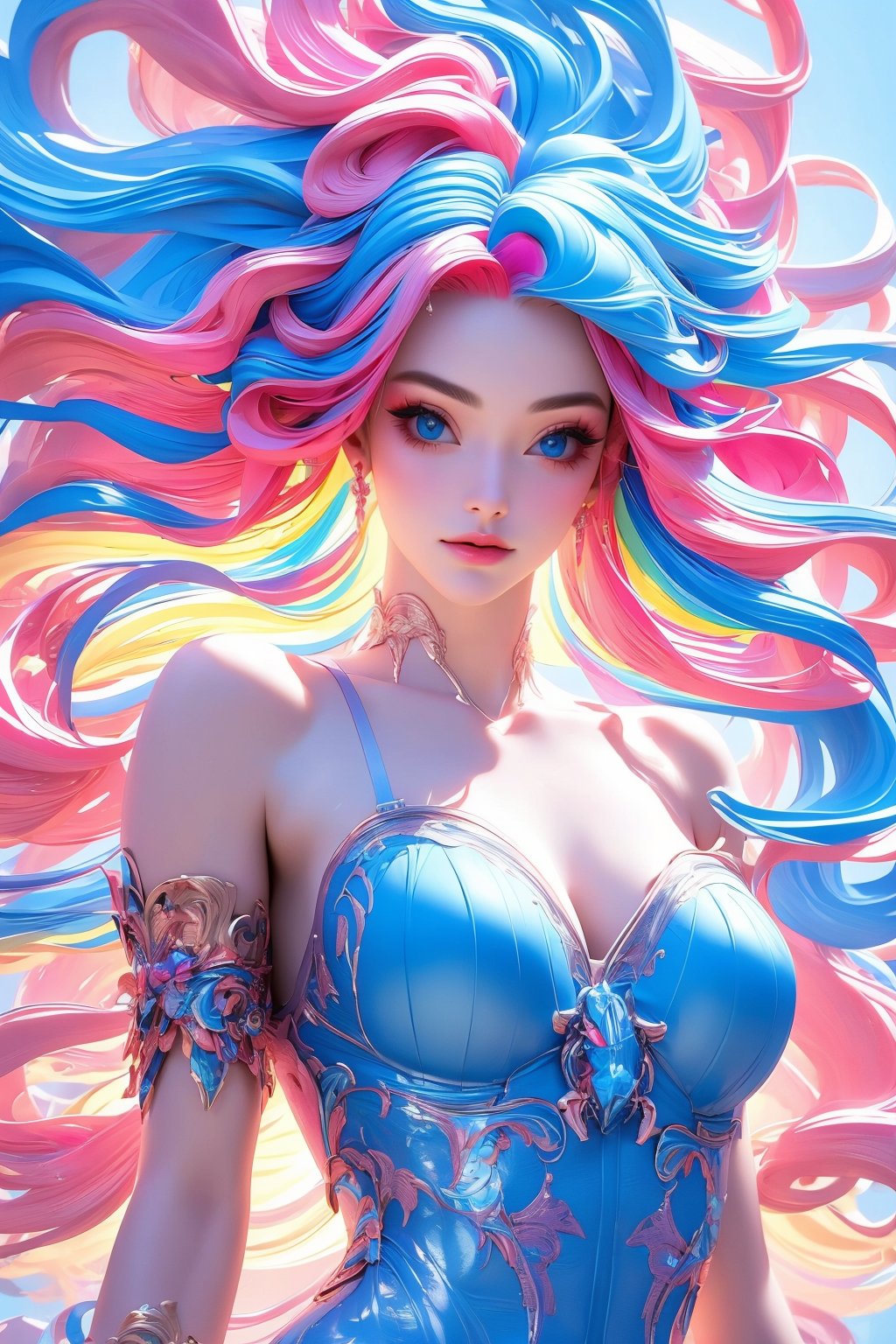 busty and sexy girl, 8k, masterpiece, ultra-realistic, best quality, high resolution, high definition,1girl, solo, long hair, looking at viewer, blue eyes, bare shoulders, closed mouth, blue hair, collarbone, upper body, pink hair, multicolored hair, lips, makeup, floating hair,multicolored background, rainbow, colorful, abstract, rainbow hair, intricate pattern background