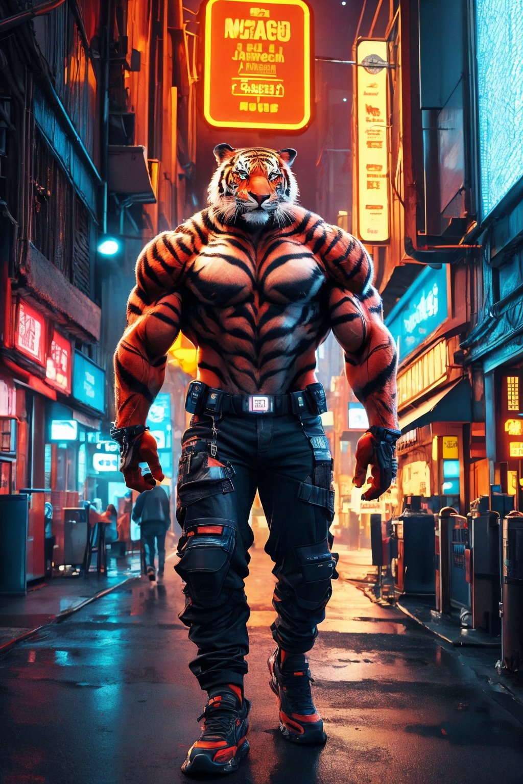 muscular tiger boy, pants, 8k, masterpiece, ultra-realistic, best quality, high resolution, high definition, hologram, cyberpunk, science fiction, neon light, night city, 