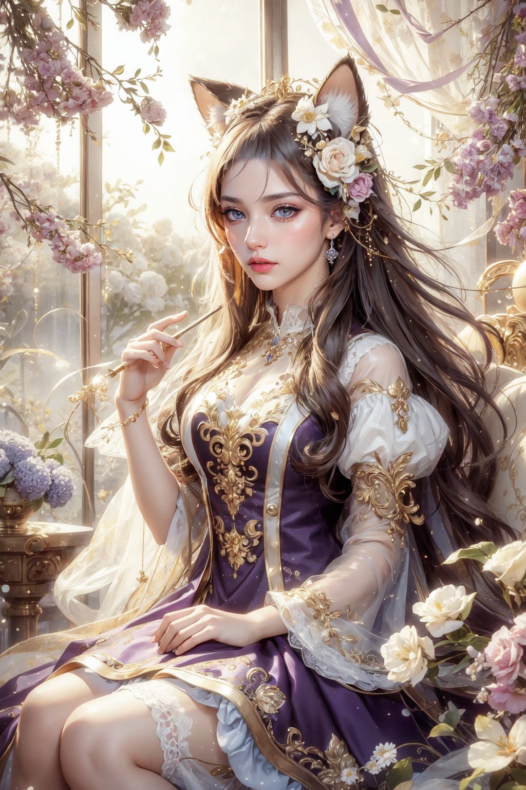 masterpiece, (real, photo real), best quality, high resolution, perfect details,
(female): solo, (perfect face), (detailed outfit), 1girl, animal ears, white long hair, cat pupils, with bubbles floating around, black long hair, wearing a purple lolita dress laced with white,clear line, Kawaii, cute, pretty, sitting in a flower field,MUGODDESS