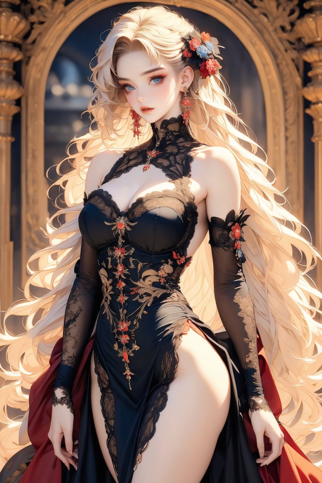 busty and sexy girl, 8k, masterpiece, ultra-realistic, best quality, high resolution, high definition,1girl, solo, long hair, breasts, looking at viewer, blue eyes, blonde hair, dress, cleavage, bare shoulders, jewelry, medium breasts, very long hair, cowboy shot, earrings, detached sleeves, blurry, black dress, lips, grey eyes, blurry background