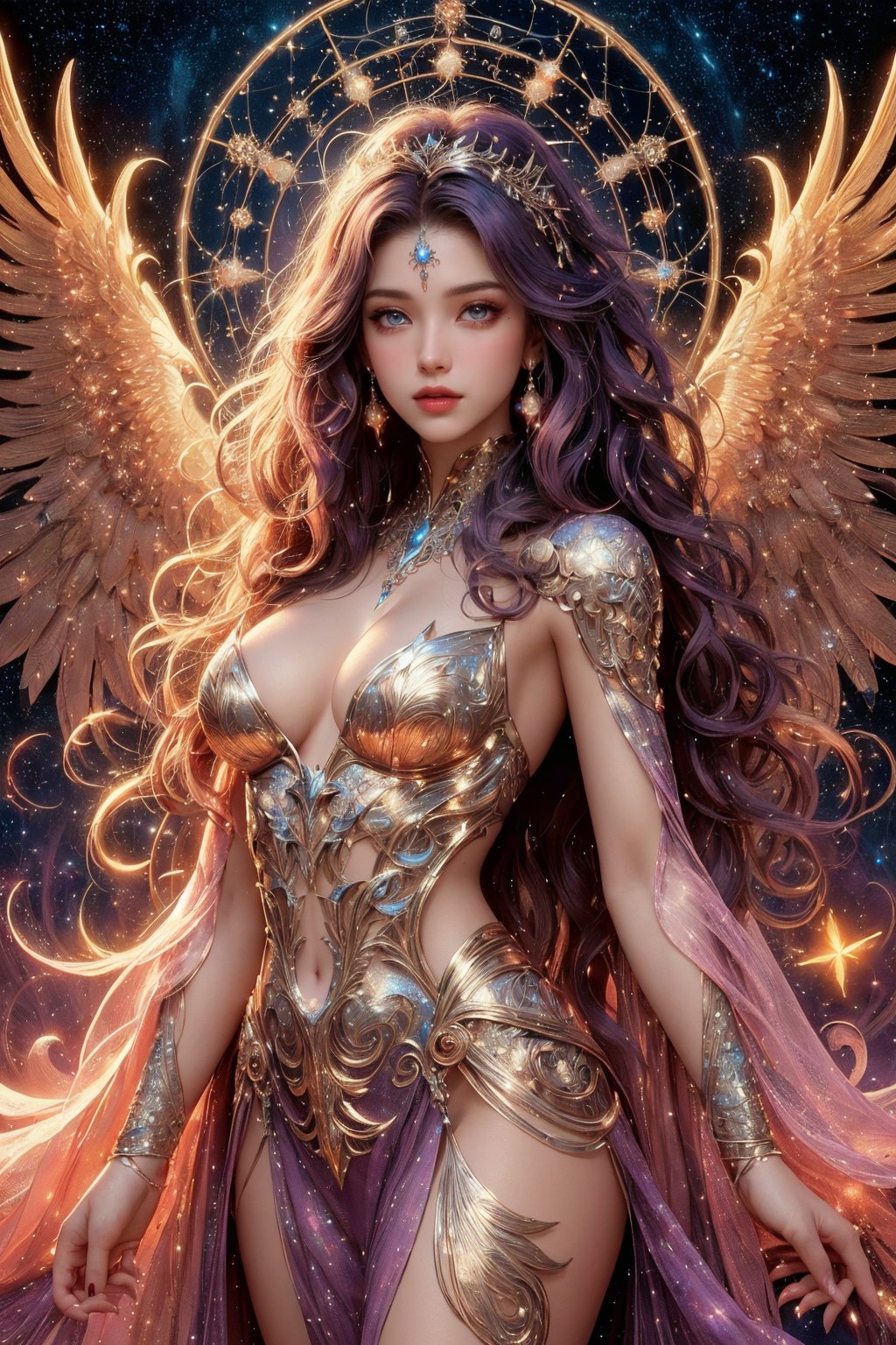 busty and sexy girl, 8k, masterpiece, ultra-realistic, best quality, high resolution, high definition,The image presents a stylized depiction of a female character with fantasy elements. The character has curly hair and is adorned with sparkling jewelry that resembles a constellation pattern, suggesting a celestial theme. The background is dark, speckled with stars, which enhances the cosmic feel of the image. The color palette is rich with purples, blues, and pinks, contributing to the otherworldly aesthetic. The character's attire includes intricate, wing-like structures that add to her ethereal appearance. The overall impression is one of a digital illustration that combines elements of fantasy and science fiction.