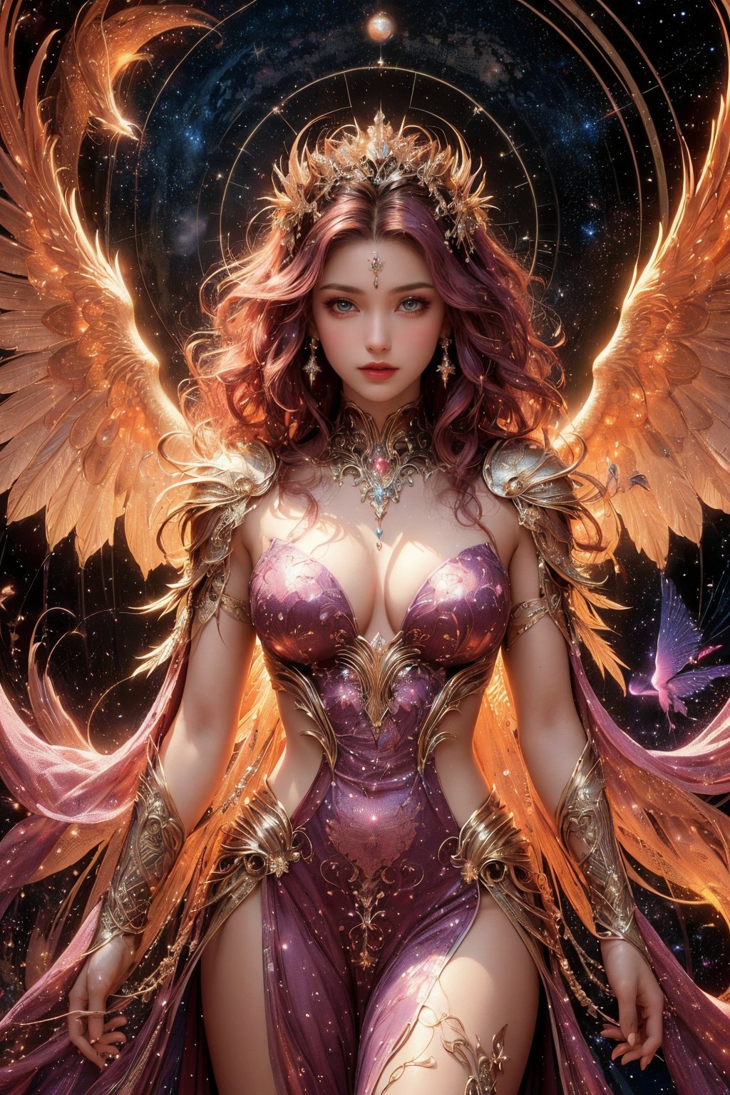 busty and sexy girl, 8k, masterpiece, ultra-realistic, best quality, high resolution, high definition,The image presents a stylized depiction of a female character with fantasy elements. The character has curly hair and is adorned with sparkling jewelry that resembles a constellation pattern, suggesting a celestial theme. The background is dark, speckled with stars, which enhances the cosmic feel of the image. The color palette is rich with purples, blues, and pinks, contributing to the otherworldly aesthetic. The character's attire includes intricate, wing-like structures that add to her ethereal appearance. The overall impression is one of a digital illustration that combines elements of fantasy and science fiction.