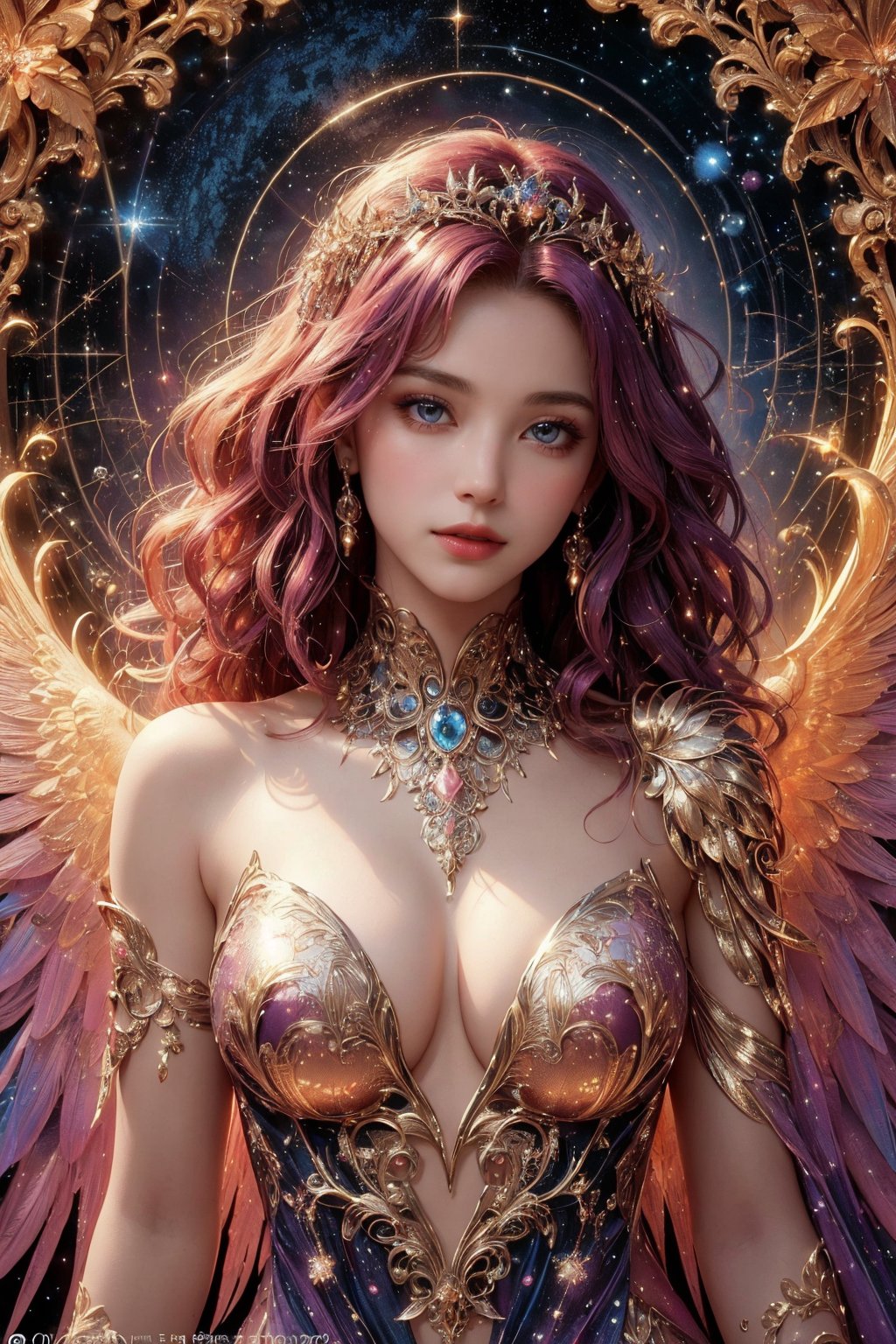 busty and sexy girl, 8k, masterpiece, ultra-realistic, best quality, high resolution, high definition,The image presents a stylized depiction of a female character with fantasy elements. The character has curly hair and is adorned with sparkling jewelry that resembles a constellation pattern, suggesting a celestial theme. The background is dark, speckled with stars, which enhances the cosmic feel of the image. The color palette is rich with purples, blues, and pinks, contributing to the otherworldly aesthetic. The character's attire includes intricate, wing-like structures that add to her ethereal appearance. The overall impression is one of a digital illustration that combines elements of fantasy and science fiction.