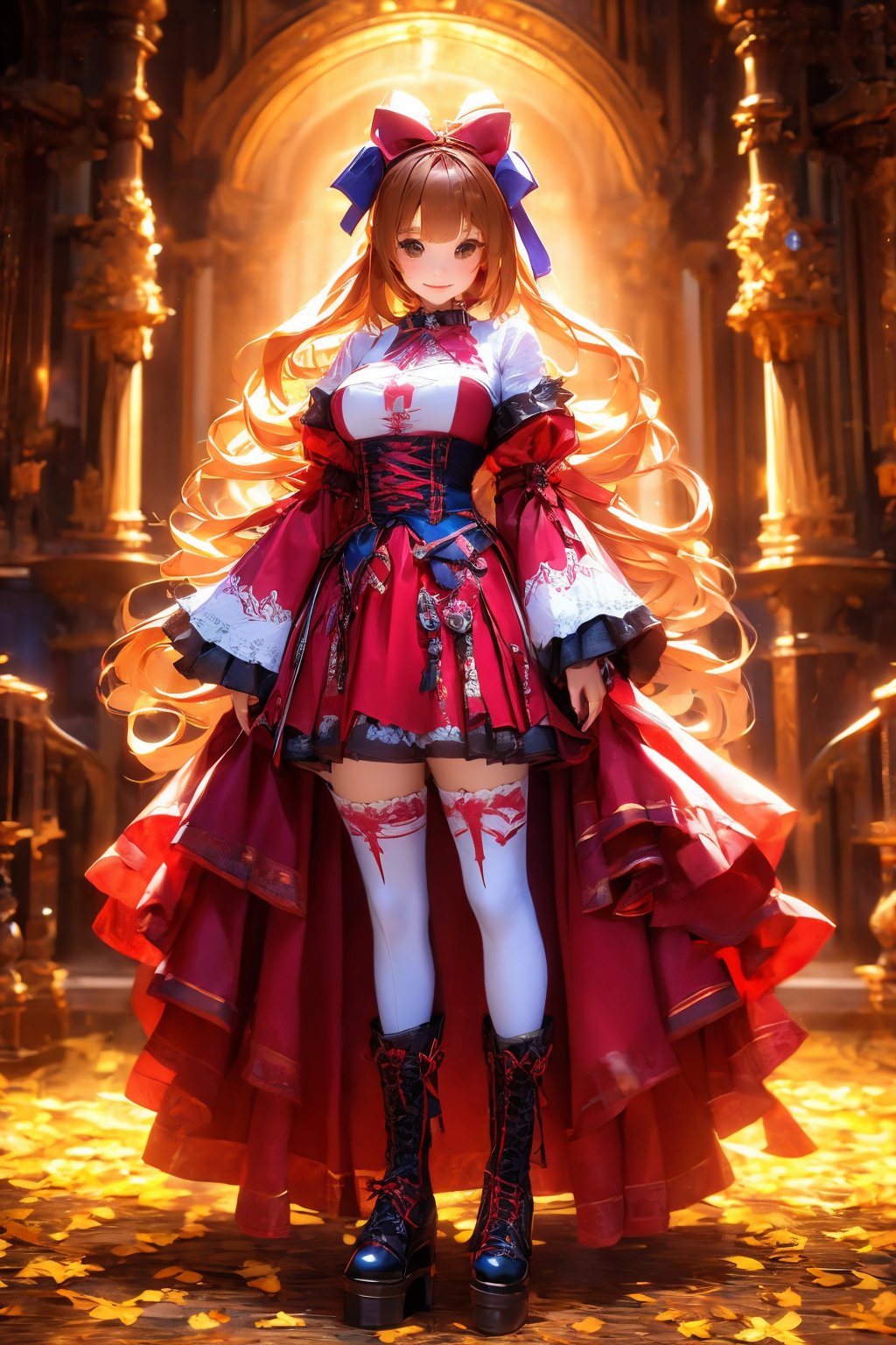 busty and sexy girl, 8k, masterpiece, ultra-realistic, best quality, high resolution, high definition,1girl, solo, long hair, looking at viewer, smile, bangs, brown hair, thighhighs, long sleeves, brown eyes, jewelry, standing, full body, hair bow, boots, choker, socks, black footwear, collar, sleeves past wrists, torn clothes, cross, platform footwear, gothic, fashion