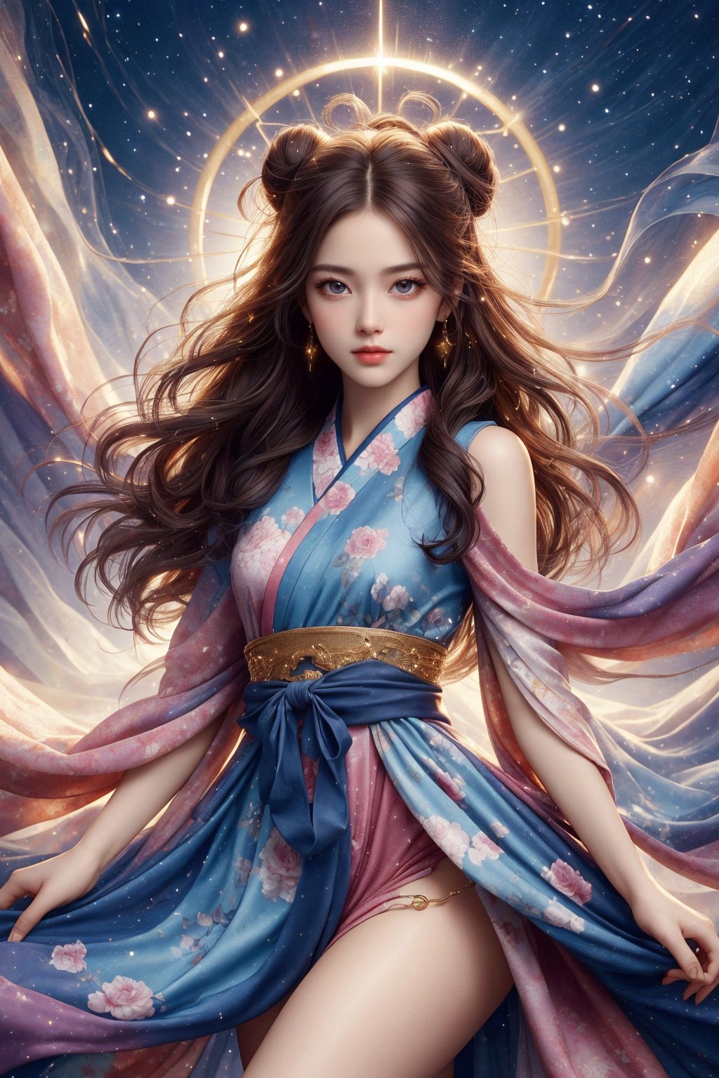 The background is midnight sky,big moon,dark night,floral leaf blowing,16 yo, 1 girl, flying in the air,halo,shining bracelet,beautiful hanfu(transparent), cloth blowing in wind, solo, {beautiful and detailed eyes}, calm expression, natural and soft light, delicate facial features, cute japanese idol, very small earrings, ((model pose)), Glamor body type, (dark hair:1.2),  beehive,big bun,very_long_hair, hair past hip, curly hair, flim grain, realhands, masterpiece, Best Quality, photorealistic, ultra-detailed, finely detailed, high resolution, perfect dynamic composition, beautiful detailed eyes, eye smile, ((nervous and embarrassed)), sharp-focus, full_body, sexy pose,cowboy_shot,ruanyi0060, starry dress