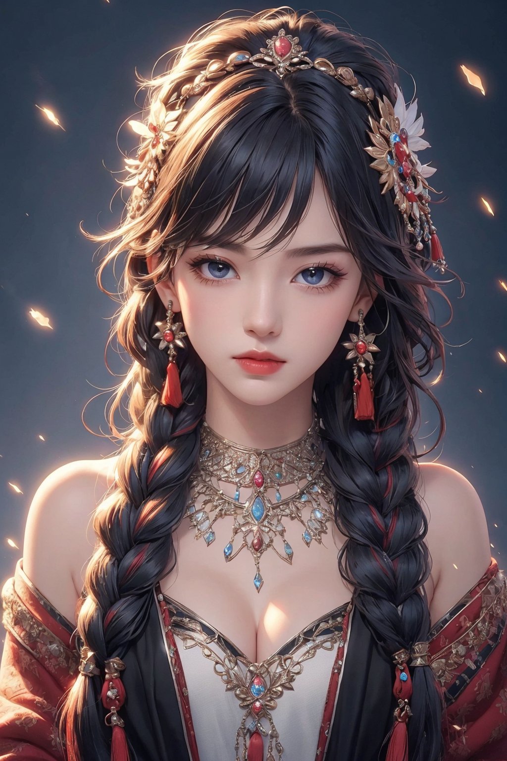 busty and sexy girl, 8k, masterpiece, ultra-realistic, best quality, high resolution, high definition, 1girl, solo, long hair, looking at viewer, bangs, black hair, hair ornament, jewelry, closed mouth, upper body, braid, earrings, necklace, twin braids, lips, expressionless, gem, tassel, hair over shoulder, headdress, multiple braids