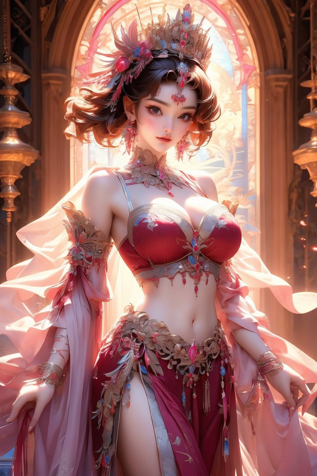 busty and sexy girl, 8k, masterpiece, ultra-realistic, best quality, high resolution, high definition,1girl, solo, breasts, looking at viewer, short hair, bangs, large breasts, brown hair, hair ornament, long sleeves, navel, holding, cleavage, brown eyes, jewelry, medium breasts, closed mouth, standing, cowboy shot, earrings, detached sleeves, indoors, wide sleeves bracelet, lips, , window,  crown, gem, tassel, pelvic curtain, stained glass