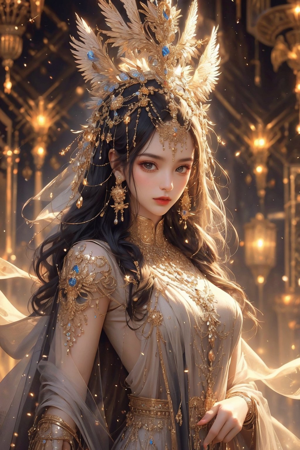 busty and sexy girl, 8k, masterpiece, ultra-realistic, best quality, high resolution, high definition,a character with a detailed and ornate headdress, adorned with what appears to be crystals or gems.  outfit suggests a regal or ceremonial attire.The color palette, predominantly white and silver, gives the character an ethereal or otherworldly appearance.,egyptian,ELIGHT