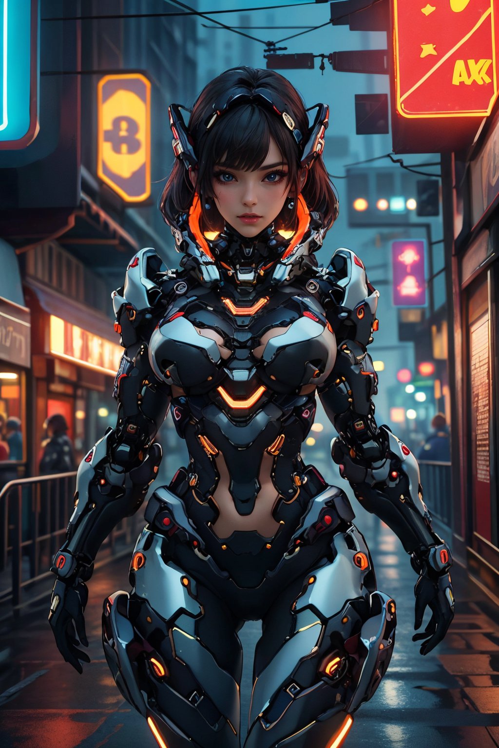 busty and sexy girl, 8k, masterpiece, ultra-realistic, best quality, high resolution, high definition, hologram, cyberpunk, MULTI-COLOER HAIR, science fiction, neon light, night city, GLOWING MECHA PARTS