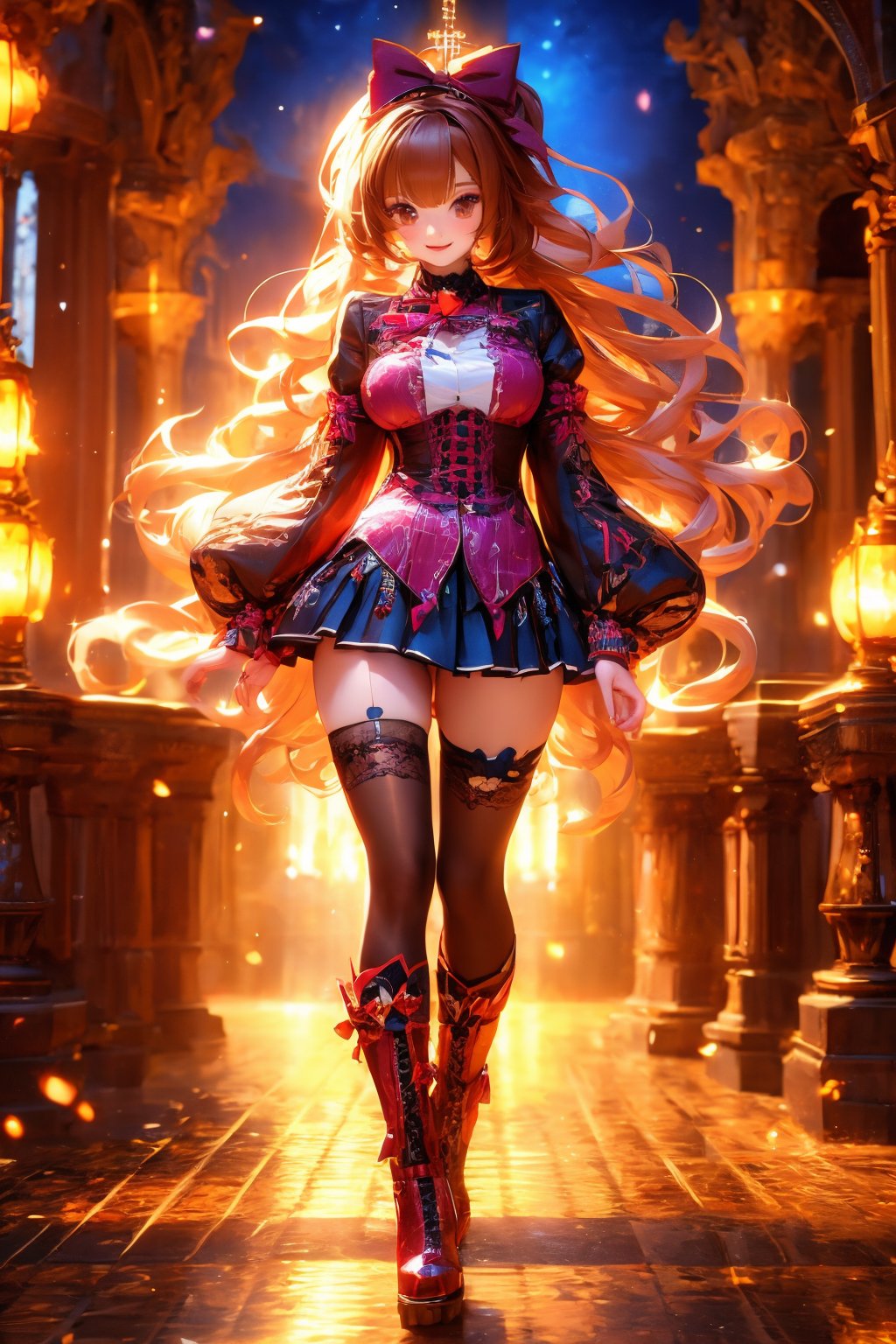 busty and sexy girl, 8k, masterpiece, ultra-realistic, best quality, high resolution, high definition,1girl, solo, long hair, looking at viewer, smile, bangs, brown hair, thighhighs, long sleeves, brown eyes, jewelry, standing, full body, hair bow, boots, choker, socks, black footwear, collar, sleeves past wrists, torn clothes, cross, platform footwear, gothic, fashion