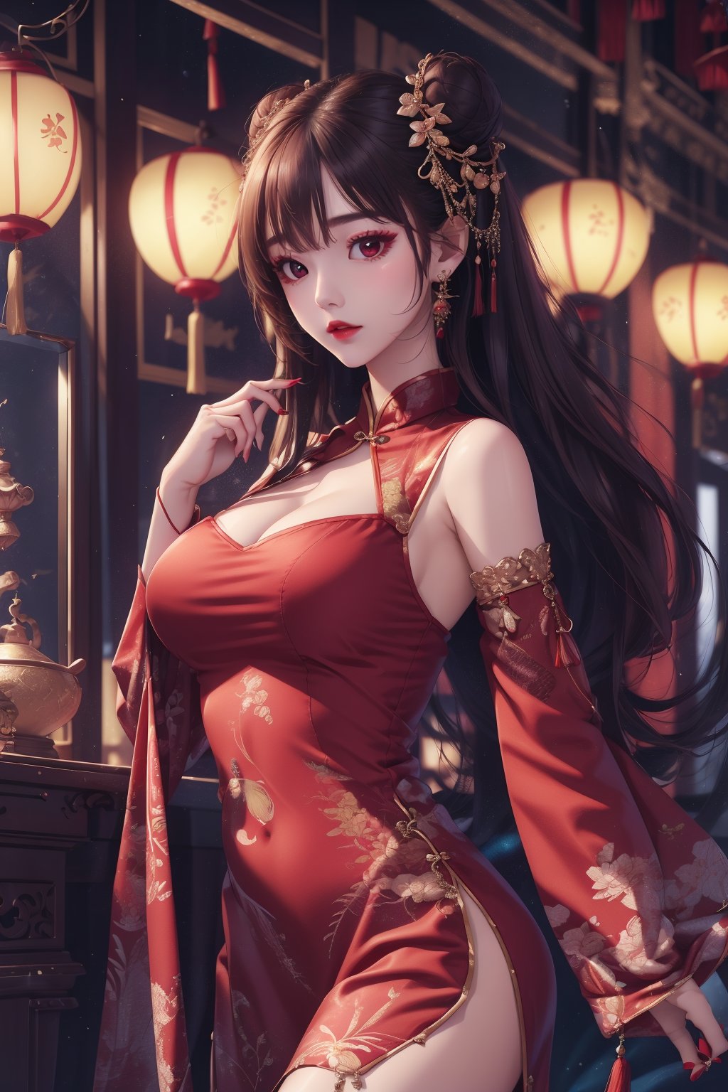 busty and sexy girl, 8k, masterpiece, ultra-realistic, best quality, high resolution, high definition, 1girl, solo, breasts, looking at viewer, bangs, large breasts, black hair, hair ornament, red eyes, long sleeves, dress, holding, bare shoulders, jewelry, closed mouth, upper body, earrings, detached sleeves, sleeveless, indoors, hand up, off shoulder, hair bun, nail polish, makeup, chinese clothes, red dress, single hair bun, tassel, china dress, red nails, red lips, architecture, east asian architecture, tassel earrings