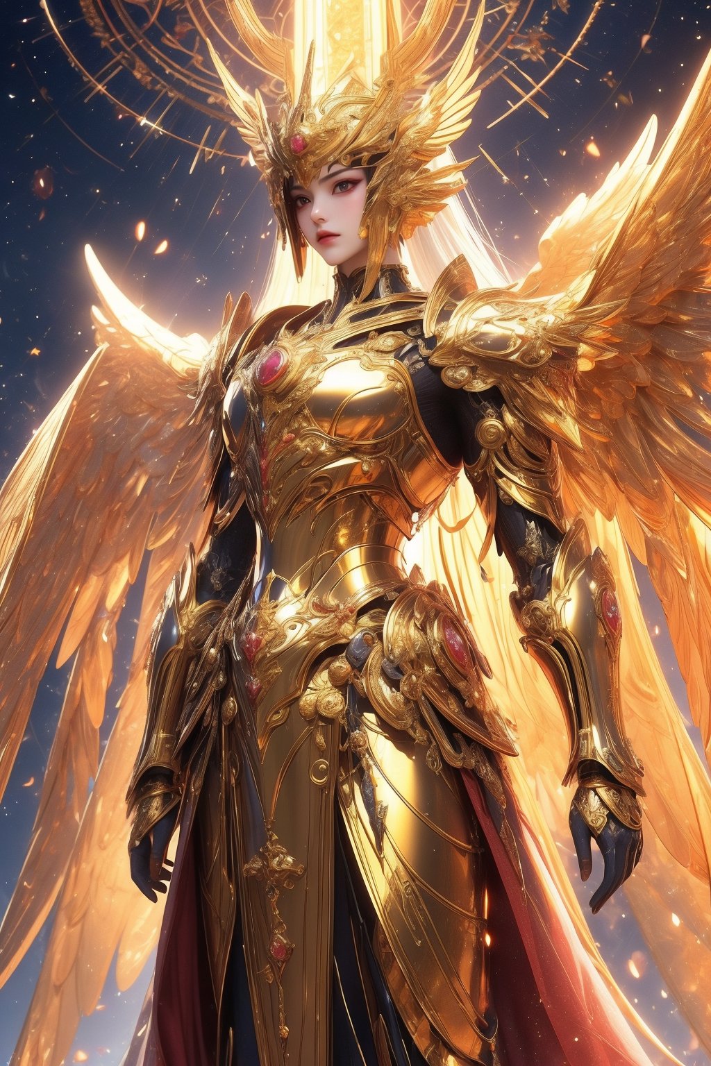 busty and sexy girl, 8k, masterpiece, ultra-realistic, best quality, high resolution, high definition,A celestial being with ornate golden armor and large, majestic wings that have a metallic sheen. The being should exude an aura of power and grace, standing in front of a backdrop that suggests an ethereal or heavenly realm.