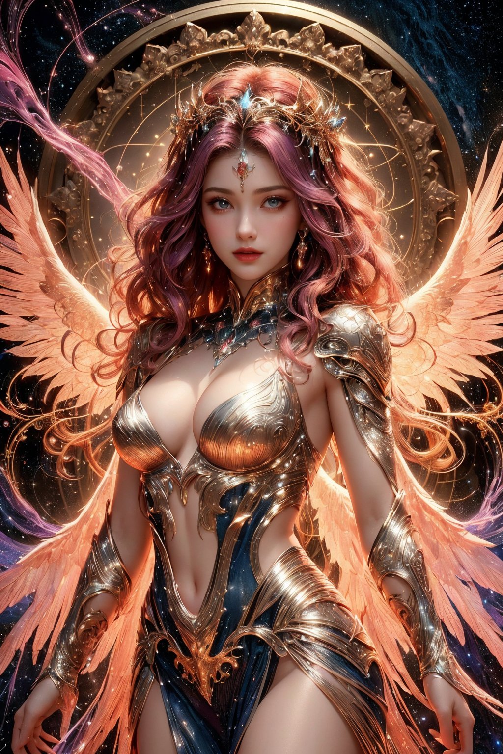 busty and sexy girl, 8k, masterpiece, ultra-realistic, best quality, high resolution, high definition,The image presents a stylized depiction of a female character with fantasy elements. The character has curly hair and is adorned with sparkling jewelry that resembles a constellation pattern, suggesting a celestial theme. The background is dark, speckled with stars, which enhances the cosmic feel of the image. The color palette is rich with purples, blues, and pinks, contributing to the otherworldly aesthetic. The character's attire includes intricate, wing-like structures that add to her ethereal appearance. The overall impression is one of a digital illustration that combines elements of fantasy and science fiction.