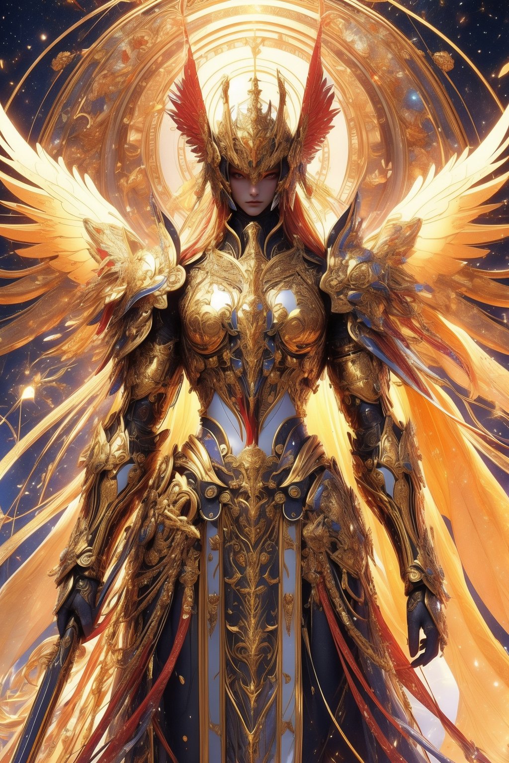 busty and sexy girl, 8k, masterpiece, ultra-realistic, best quality, high resolution, high definition,A celestial being with ornate golden armor and large, majestic wings that have a metallic sheen. The being should exude an aura of power and grace, standing in front of a backdrop that suggests an ethereal or heavenly realm.