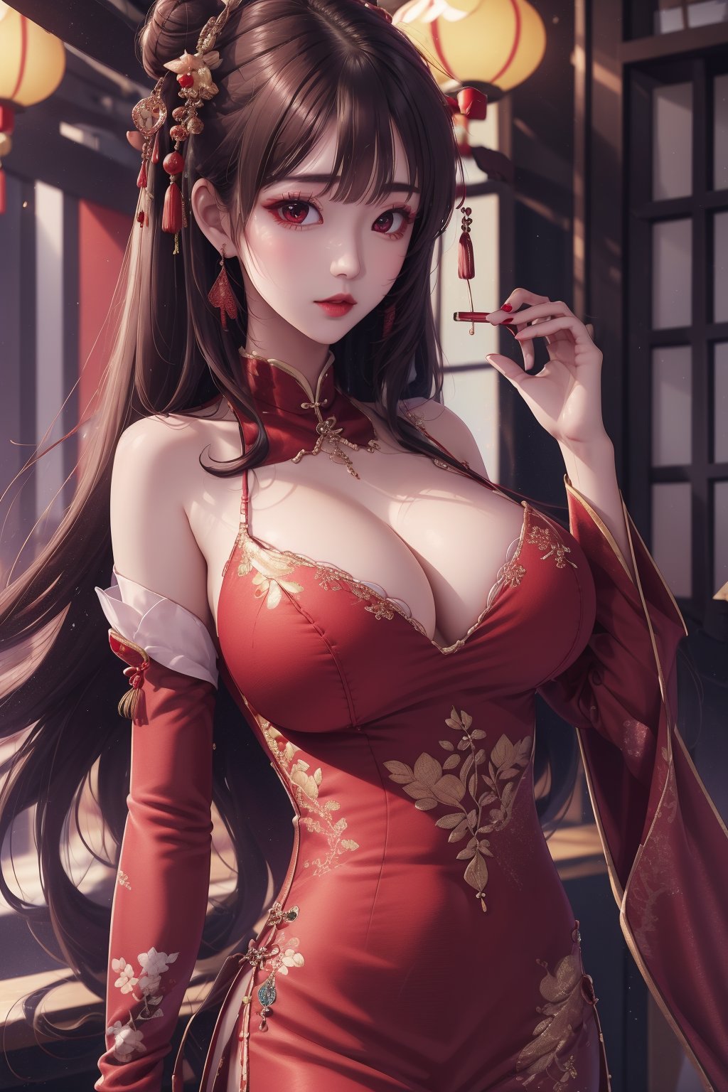 busty and sexy girl, 8k, masterpiece, ultra-realistic, best quality, high resolution, high definition, 1girl, solo, breasts, looking at viewer, bangs, large breasts, black hair, hair ornament, red eyes, long sleeves, dress, holding, bare shoulders, jewelry, closed mouth, upper body, earrings, detached sleeves, sleeveless, indoors, hand up, off shoulder, hair bun, nail polish, makeup, chinese clothes, red dress, single hair bun, tassel, china dress, red nails, red lips, architecture, east asian architecture, tassel earrings