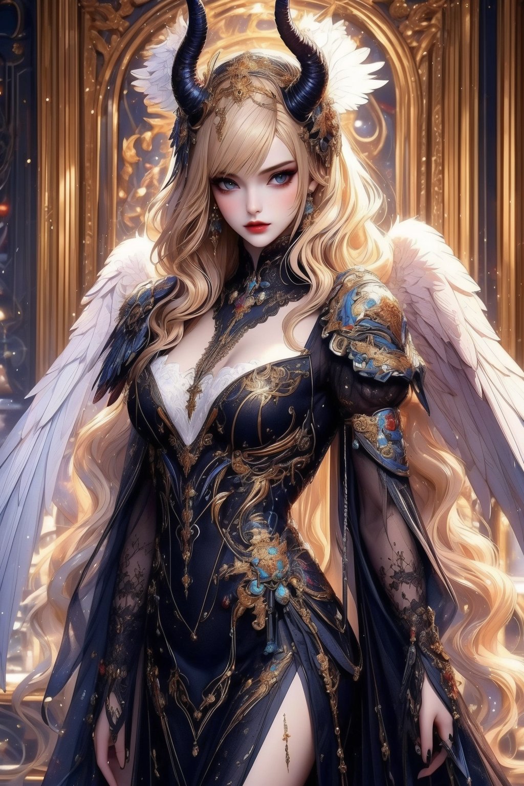 busty and sexy girl, 8k, masterpiece, ultra-realistic, best quality, high resolution, high definition,An eye-level painting of a woman with long blonde hair and a horn on her head. The woman is wearing a black dress with white designs on it. The wings she is wearing are black and white and are spread out around her body. Her wings are a mix of black, white, and gray. Her horns are protruding from her head, adding a touch of contrast to her outfit. 