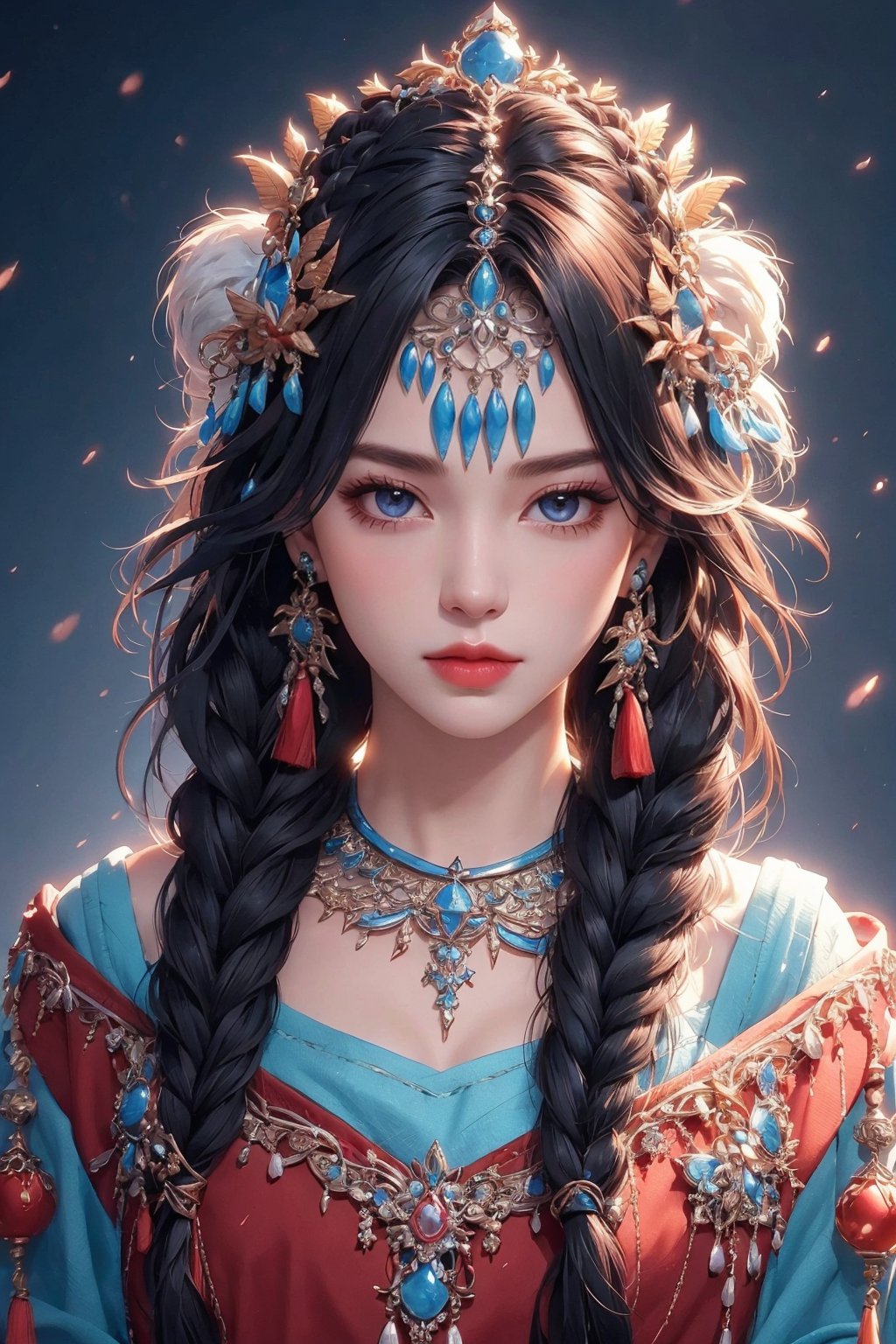 busty and sexy girl, 8k, masterpiece, ultra-realistic, best quality, high resolution, high definition, 1girl, solo, long hair, looking at viewer, bangs, black hair, hair ornament, jewelry, closed mouth, upper body, braid, earrings, necklace, twin braids, lips, expressionless, gem, tassel, hair over shoulder, headdress, multiple braids