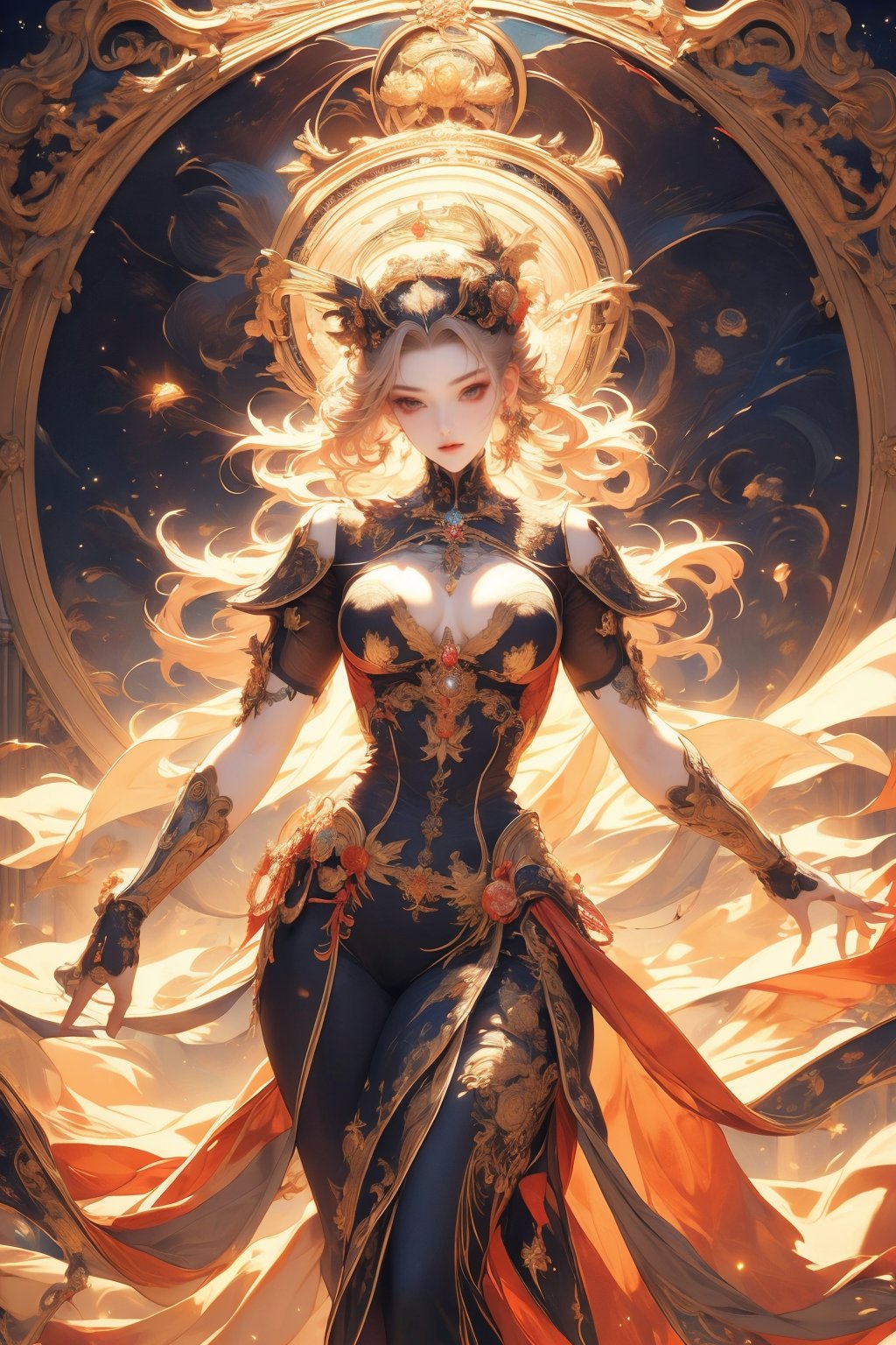 busty and sexy girl, 8k, masterpiece, ultra-realistic, best quality, high resolution, high definition, Create an image of a female character from a mobile cultivation game. The character should have an intricate and majestic design, with elements that suggest power and mysticism. Include details such as a glowing artifact in her hands, elaborate golden ornaments radiating around her like a halo, and an elegant dark robe adorned with golden embellishments that signify her high status in the game's world. The character's pose should convey confidence and grace, indicative of her experience and prowess within the game's universe.