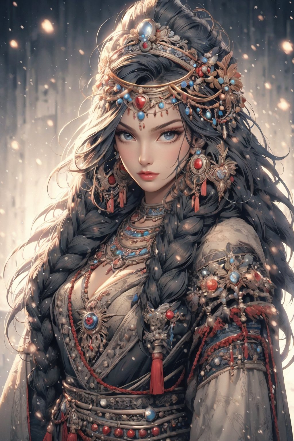 busty and sexy girl, 8k, masterpiece, ultra-realistic, best quality, high resolution, high definition, 1girl, solo, long hair, looking at viewer, bangs, black hair, hair ornament, jewelry, closed mouth, upper body, braid, earrings, necklace, twin braids, lips, expressionless, gem, tassel, hair over shoulder, headdress, multiple braids