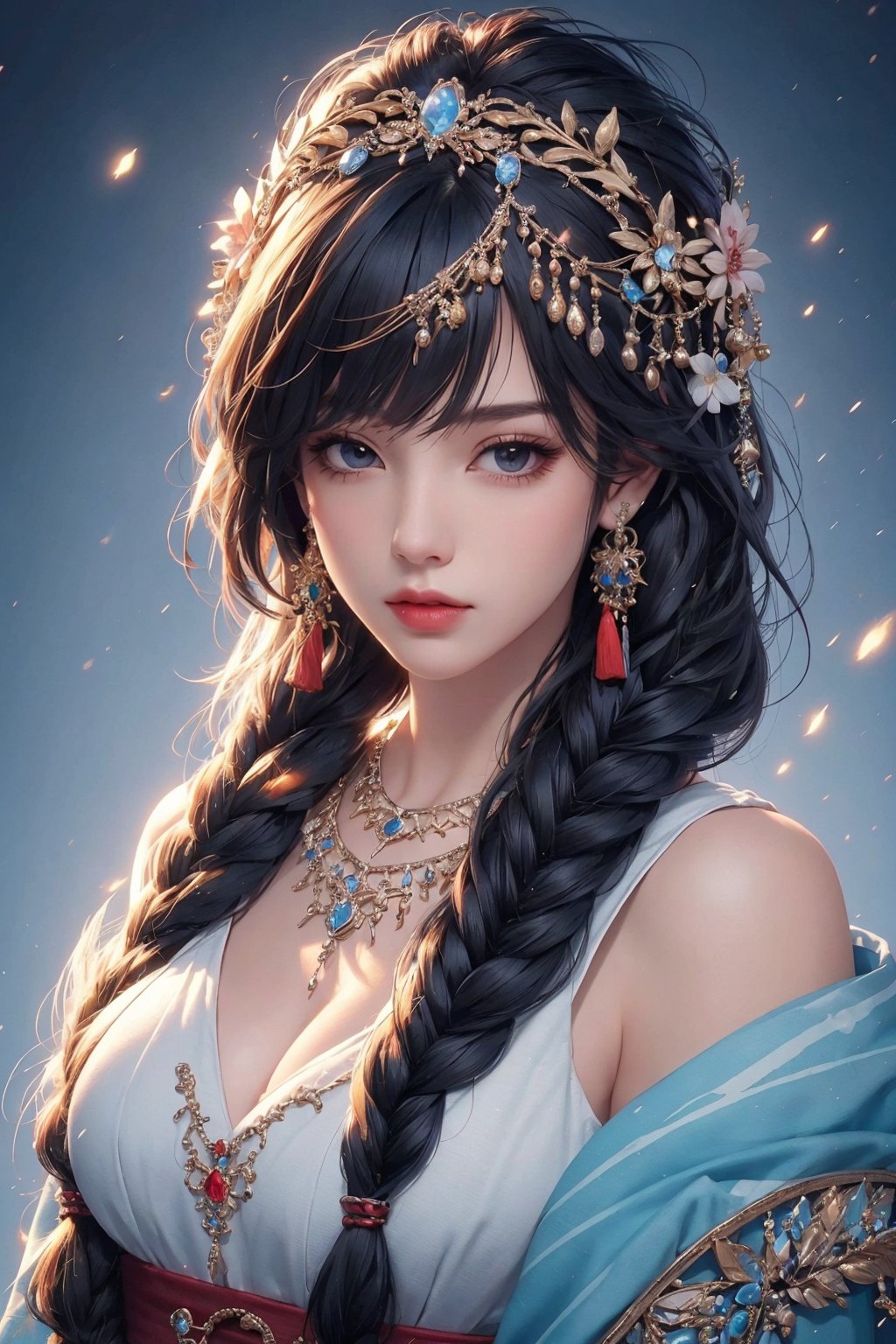 busty and sexy girl, 8k, masterpiece, ultra-realistic, best quality, high resolution, high definition, 1girl, solo, long hair, looking at viewer, bangs, black hair, hair ornament, jewelry, closed mouth, upper body, braid, earrings, necklace, twin braids, lips, expressionless, gem, tassel, hair over shoulder, headdress, multiple braids