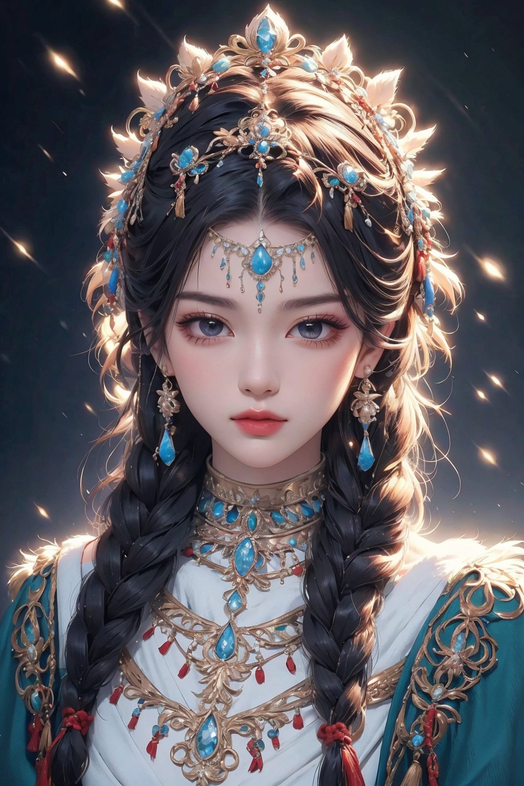 busty and sexy girl, 8k, masterpiece, ultra-realistic, best quality, high resolution, high definition, 1girl, solo, long hair, looking at viewer, bangs, black hair, hair ornament, jewelry, closed mouth, upper body, braid, earrings, necklace, twin braids, lips, expressionless, gem, tassel, hair over shoulder, headdress, multiple braids