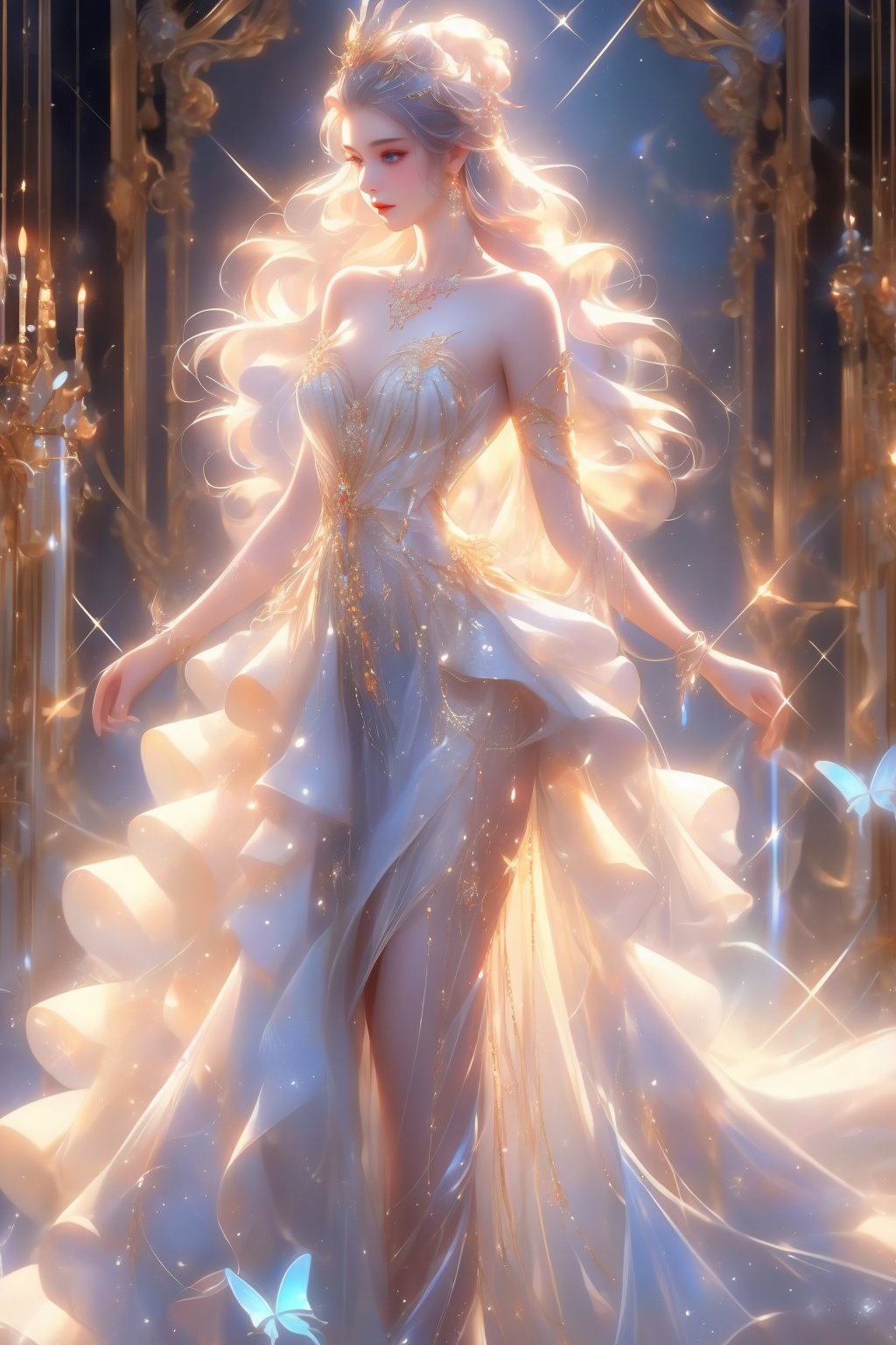 busty and sexy girl, 8k, masterpiece, ultra-realistic, best quality, high resolution, high definition, hair ornament, dress, bare shoulders, standing, white dress, sparkle, strapless, strapless dress, ballerina, ballet slippers, tutu, floral background, long hair, breasts, blue eyes, hair ornament, dress, bare shoulders, jewelry, standing, collarbone, white hair, (glowing hair), earrings, necklace, bracelet, lips, strapless,  (glowing), wavy hair, butterfly