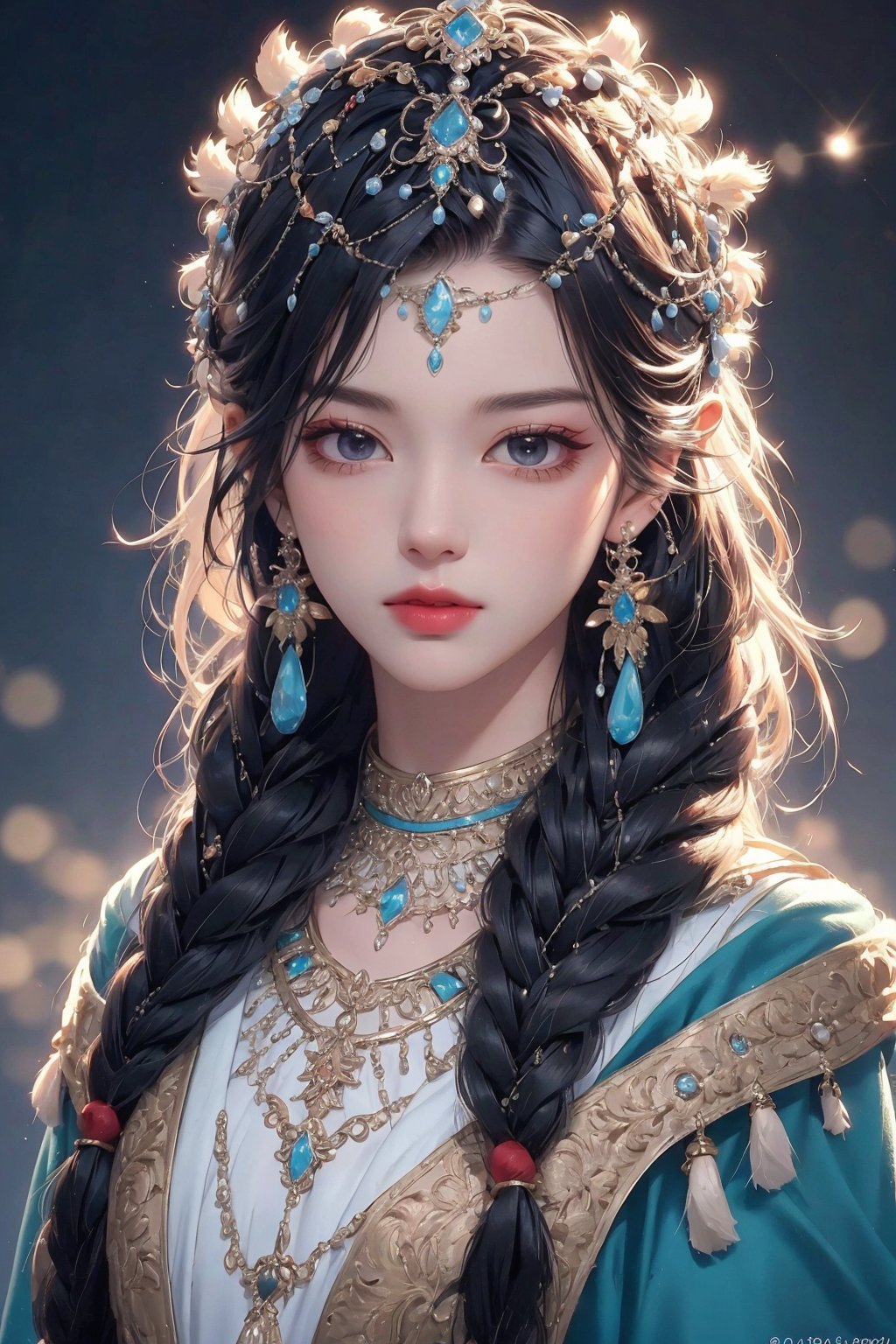 busty and sexy girl, 8k, masterpiece, ultra-realistic, best quality, high resolution, high definition, 1girl, solo, long hair, looking at viewer, bangs, black hair, hair ornament, jewelry, closed mouth, upper body, braid, earrings, necklace, twin braids, lips, expressionless, gem, tassel, hair over shoulder, headdress, multiple braids