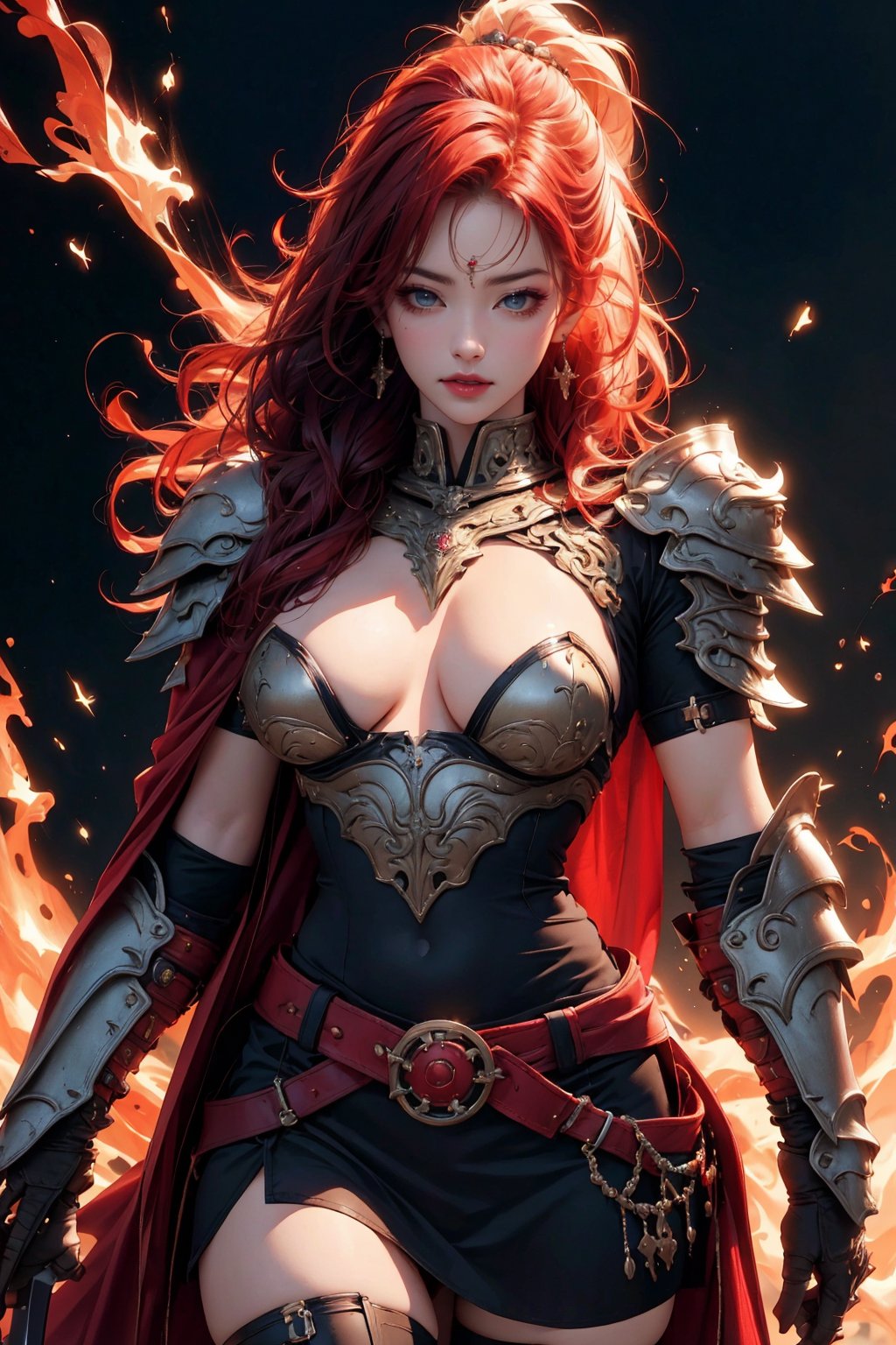 busty and sexy girl, 8k, masterpiece, ultra-realistic, best quality, high resolution, high definition, long hair, thighhighs, gloves,  jewelry, cowboy shot, earrings, belt, black skirt, armor, thigh boots, fire, shoulder armor, gauntlets, red gloves, pauldrons, red cape