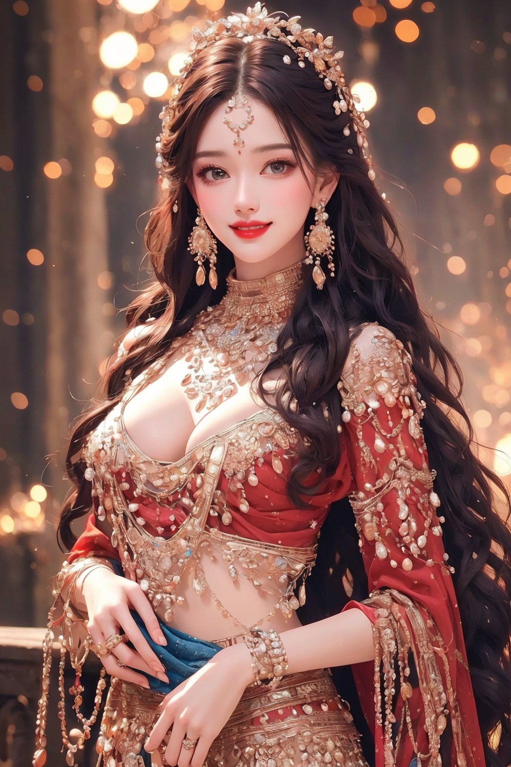  busty and sexy girl, 8k, masterpiece, ultra-realistic, best quality, high resolution, high definition, long hair, looking at viewer, smile, black hair, dress, holding, brown eyes, jewelry, standing, earrings,  realistic, red lips,GH