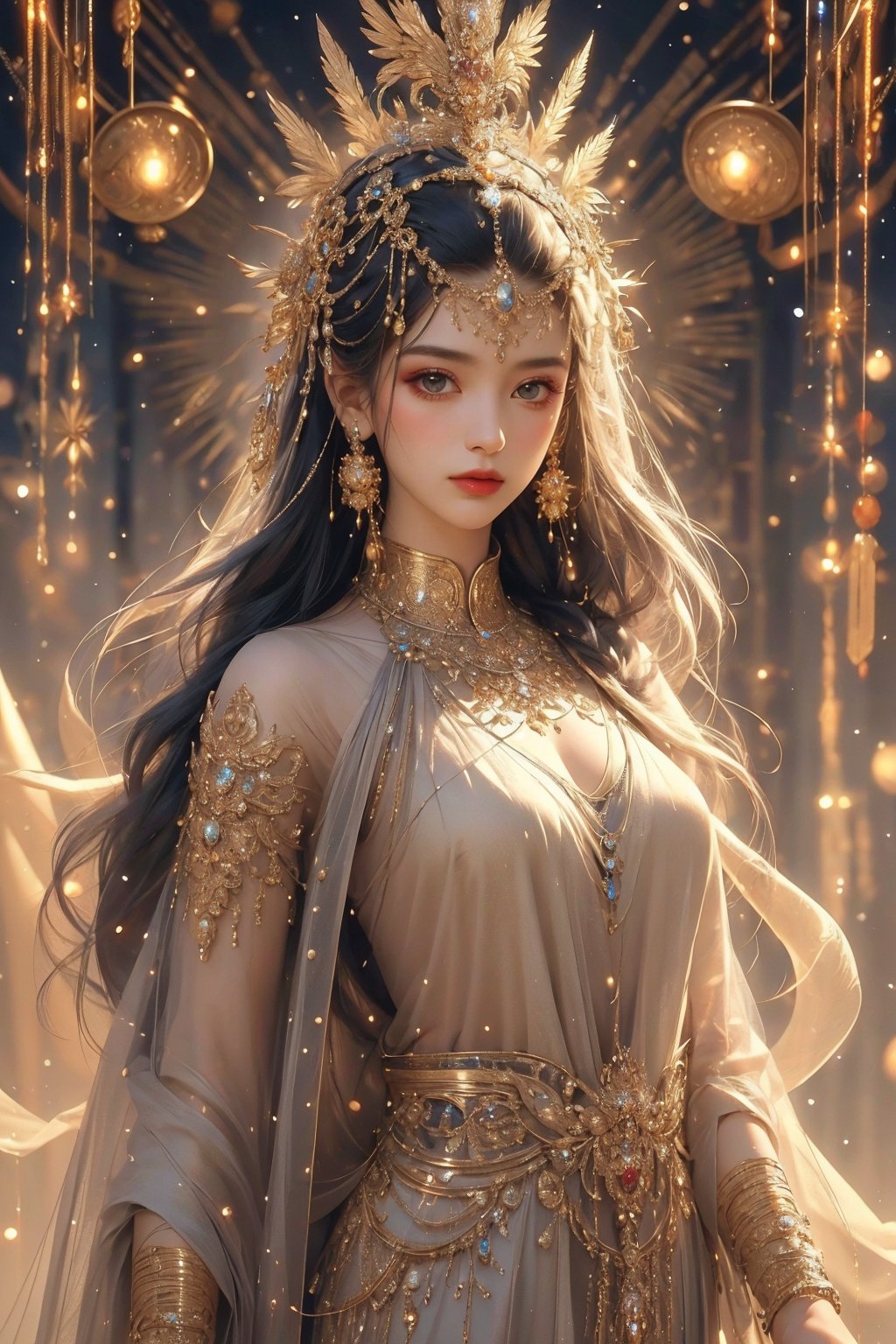 busty and sexy girl, 8k, masterpiece, ultra-realistic, best quality, high resolution, high definition,a character with a detailed and ornate headdress, adorned with what appears to be crystals or gems.  outfit suggests a regal or ceremonial attire.The color palette, predominantly white and silver, gives the character an ethereal or otherworldly appearance