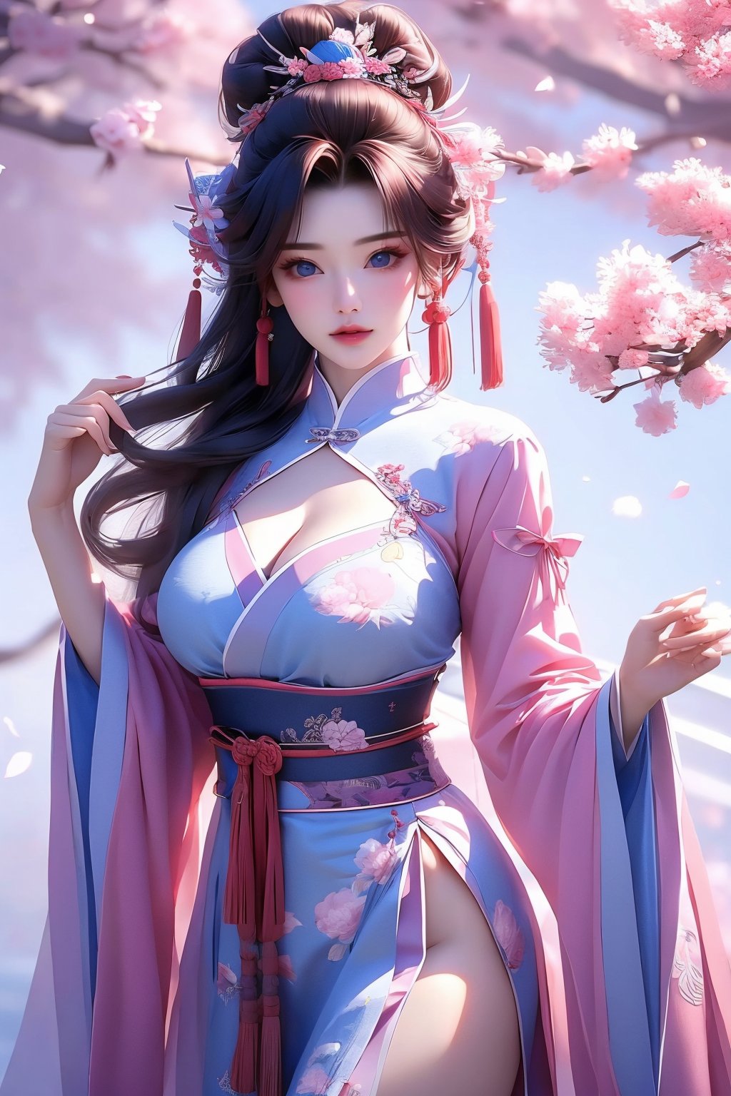 busty and sexy girl, 8k, masterpiece, ultra-realistic, best quality, high resolution, high definition, 1girl, solo, breasts, looking at viewer, blue eyes, large breasts, black hair, hair ornament, long sleeves, dress, holding, cleavage, white flowers, thighs, cowboy shot, parted lips, japanese clothes, hair flower, wide sleeves, hair bun, lips, sash, clothing cutout, no panties, chinese clothes, white floral print, cleavage cutout, single hair bun, cherry blossoms, tassel, pelvic curtain, branch, hair stick