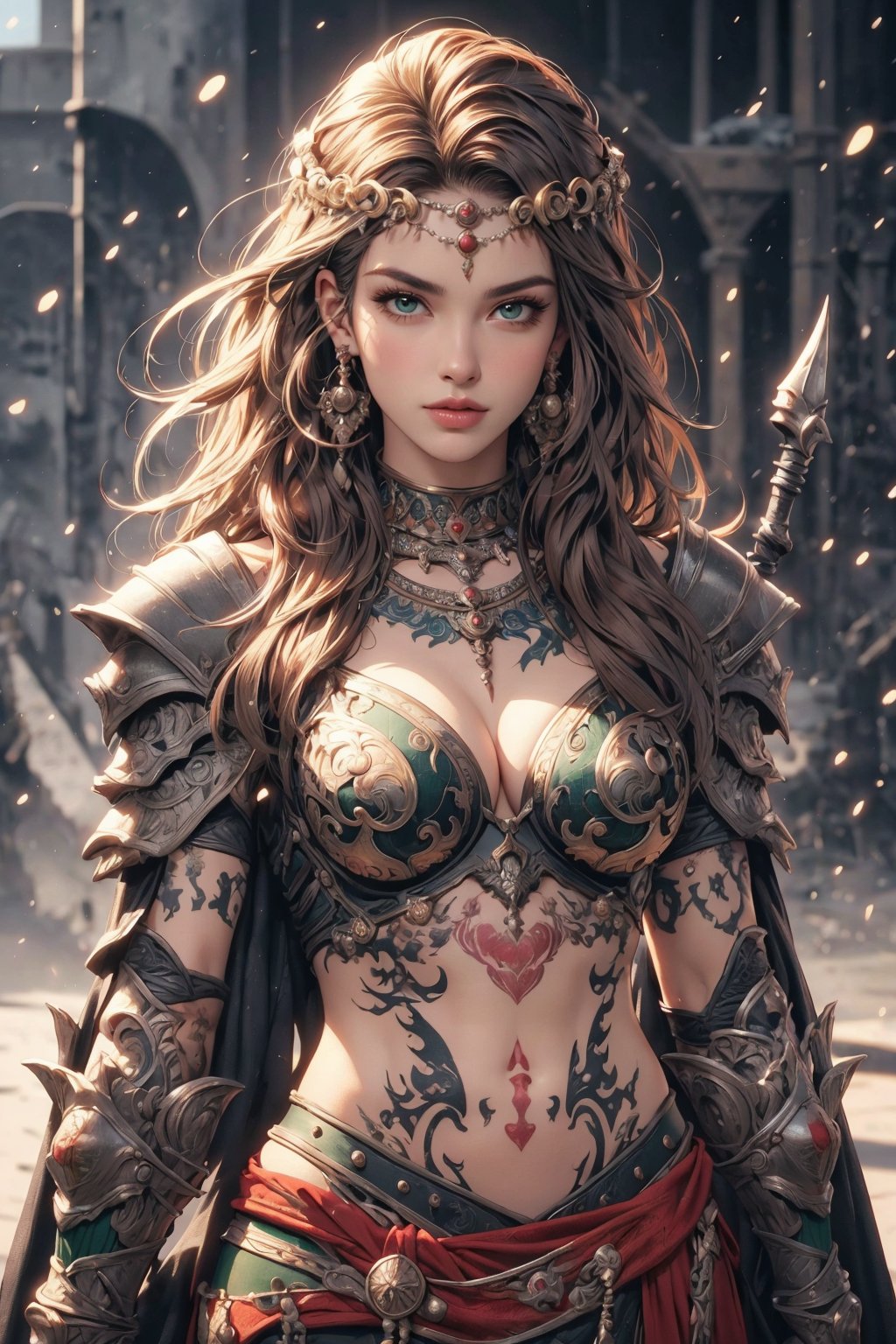 busty and sexy girl, 8k, masterpiece, ultra-realistic, best quality, high resolution, high definition, 1girl, solo, long hair, breasts, looking at viewer, brown hair, black hair, navel, jewelry, medium breasts, green eyes, weapon, necklace, armor, lips, tattoo, circlet, realistic